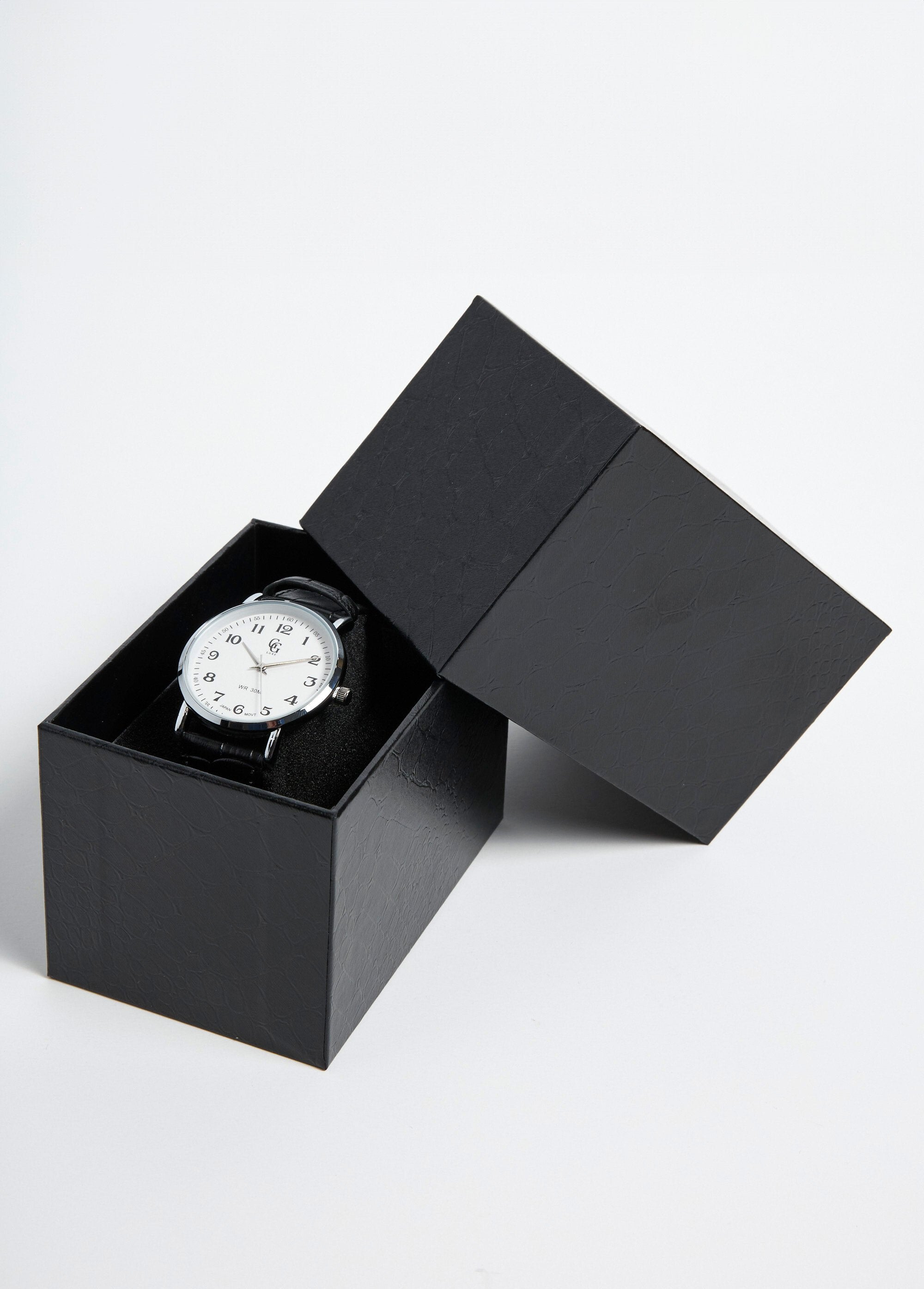 Orologio_rotondo_in_acciaio_e_pelle_stile_coccodrillo_Noir_DE4_slim