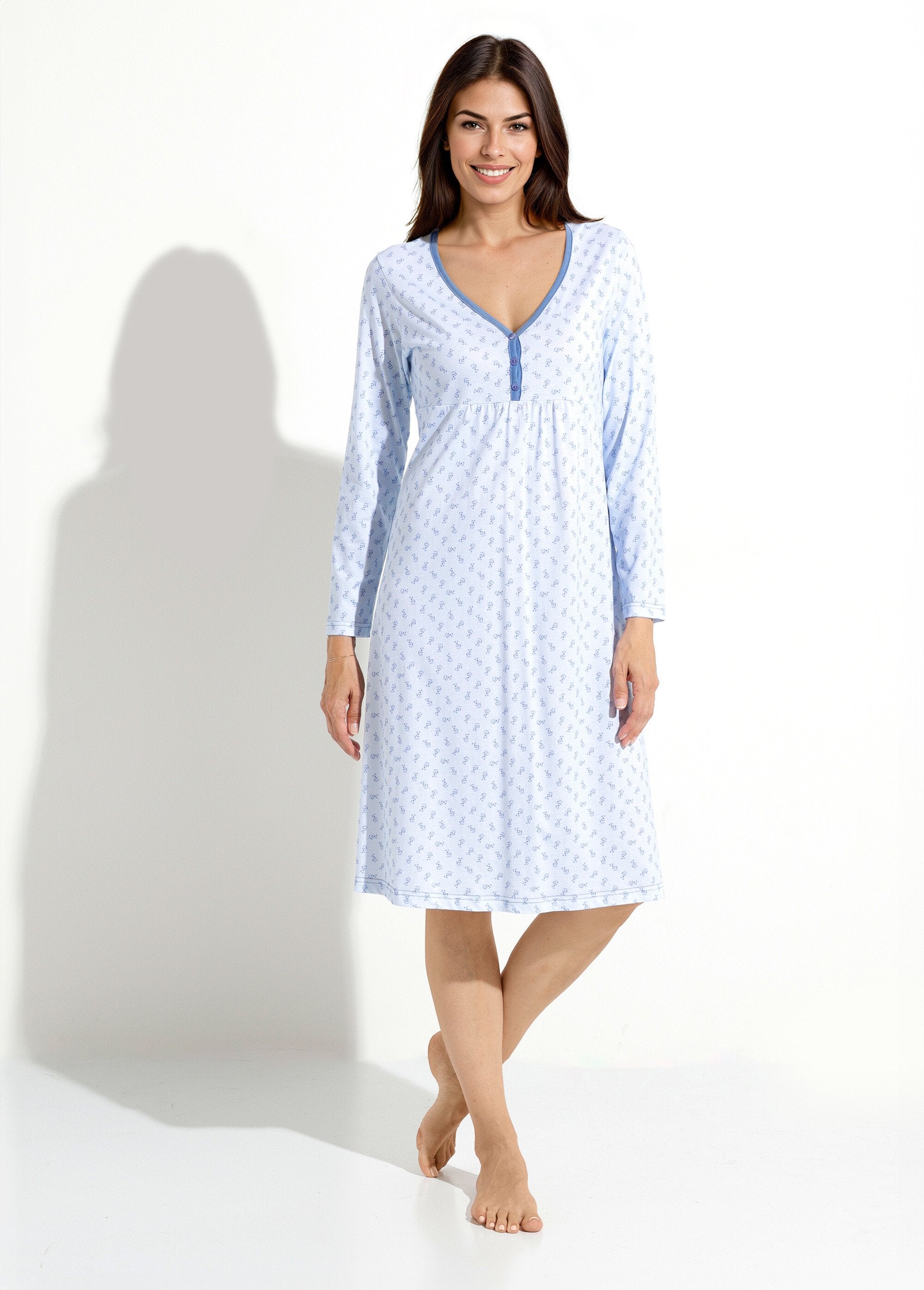 Camicia_da_notte_a_maniche_lunghe_3/4_in_cotone_stampato_Bleu_FA1_slim