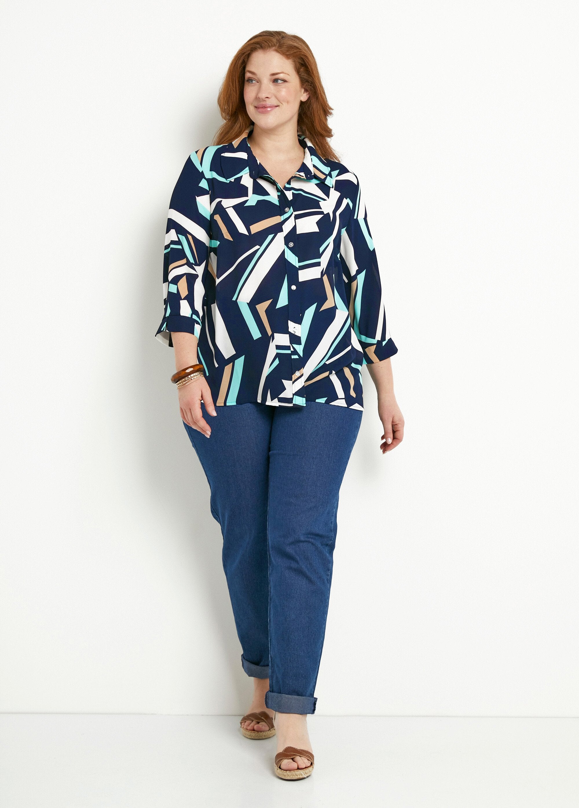 Camicetta_grafica_con_maniche_a_3/4_Marine_et_beige_SF1_curvy