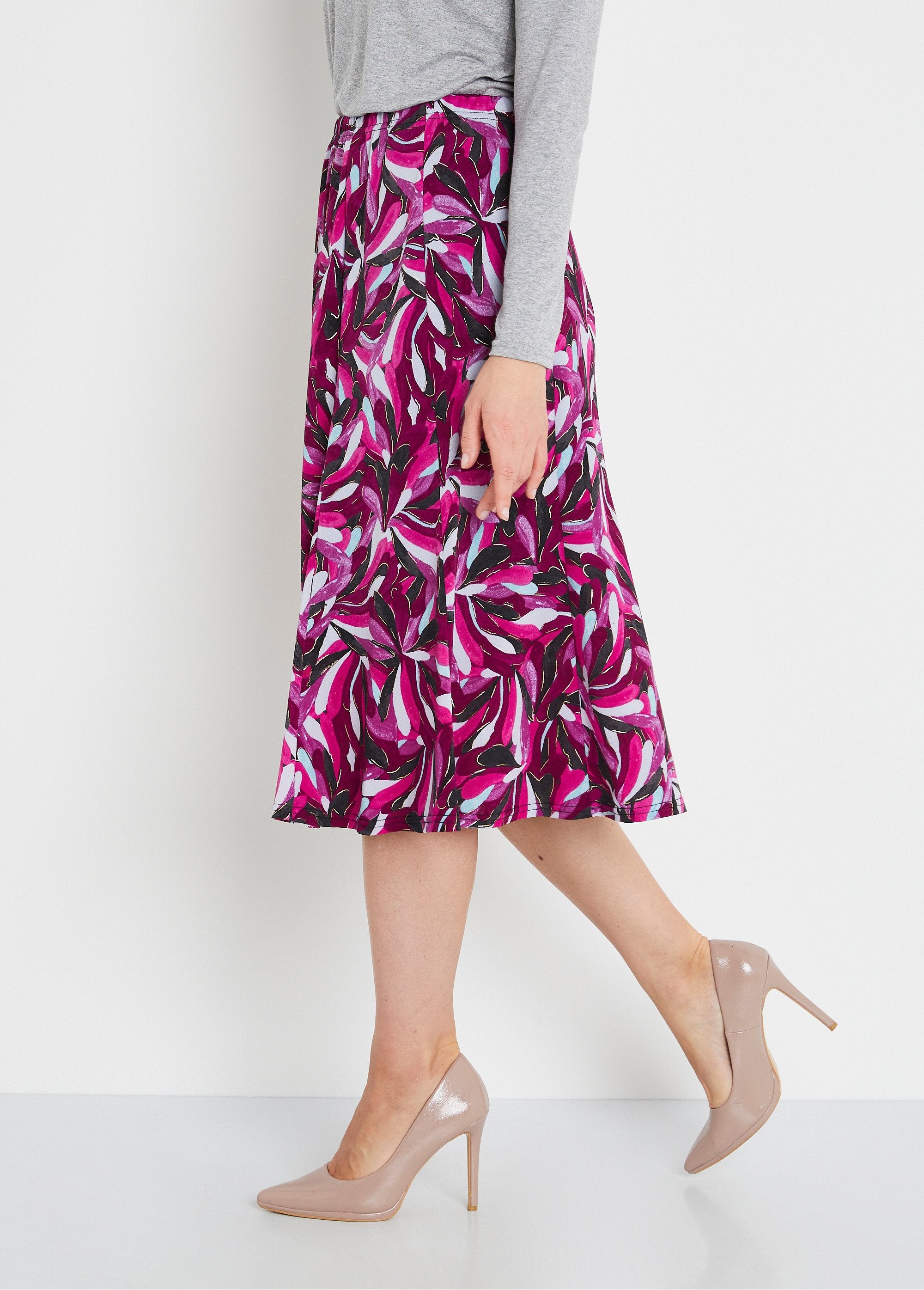 Gonna_svasata_di_media_lunghezza_con_stampa_a_filo_lucido_Fuchsia_imprime_DR1_slim