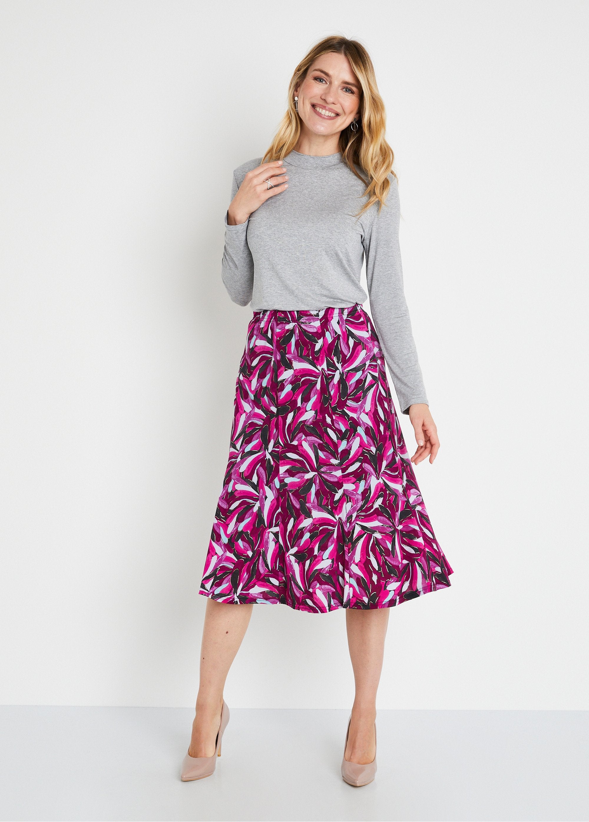 Gonna_svasata_di_media_lunghezza_con_stampa_a_filo_lucido_Fuchsia_imprime_SF1_slim