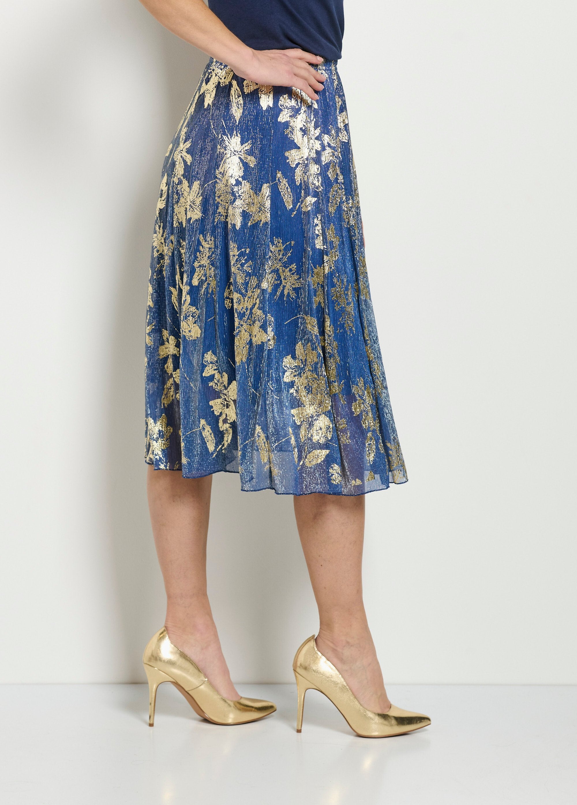 Gonna_ampia_di_media_lunghezza_con_stampa_a_fogliame_dorato_Bleu_DR1_slim