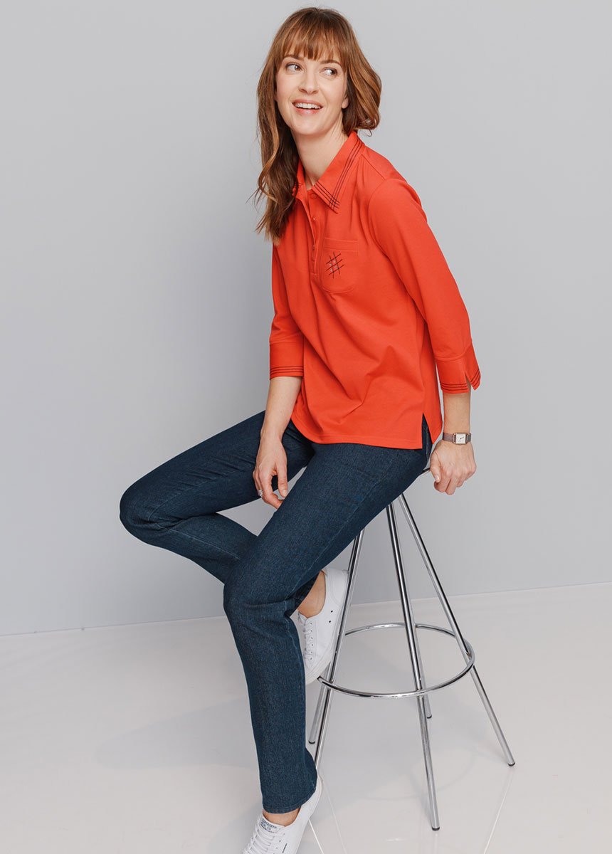 Polo_con_maniche_a_3/4_e_dettagli_di_cucitura_Rouge_SF1_slim