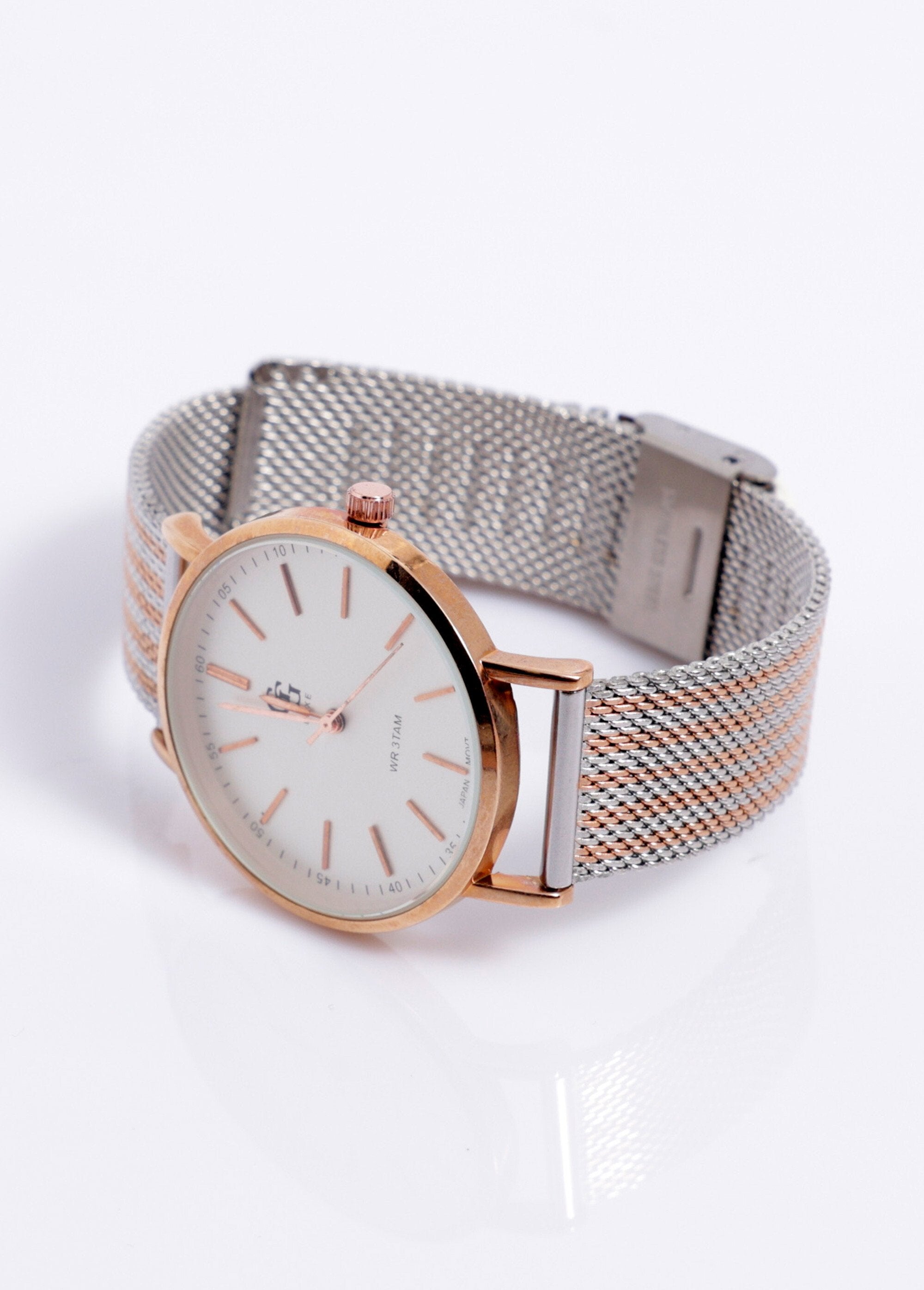 Orologio_con_bracciale_a_maglia_milanese_bicolore_Rose_argent_blanc_DE1_slim