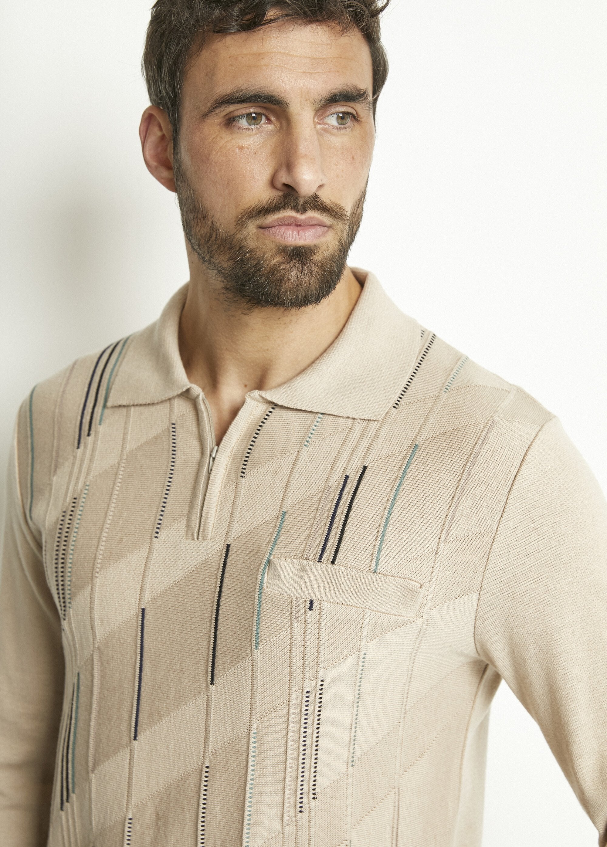 Polo_a_maniche_lunghe_in_cotone_jacquard_con_zip_Beige_DE1_slim