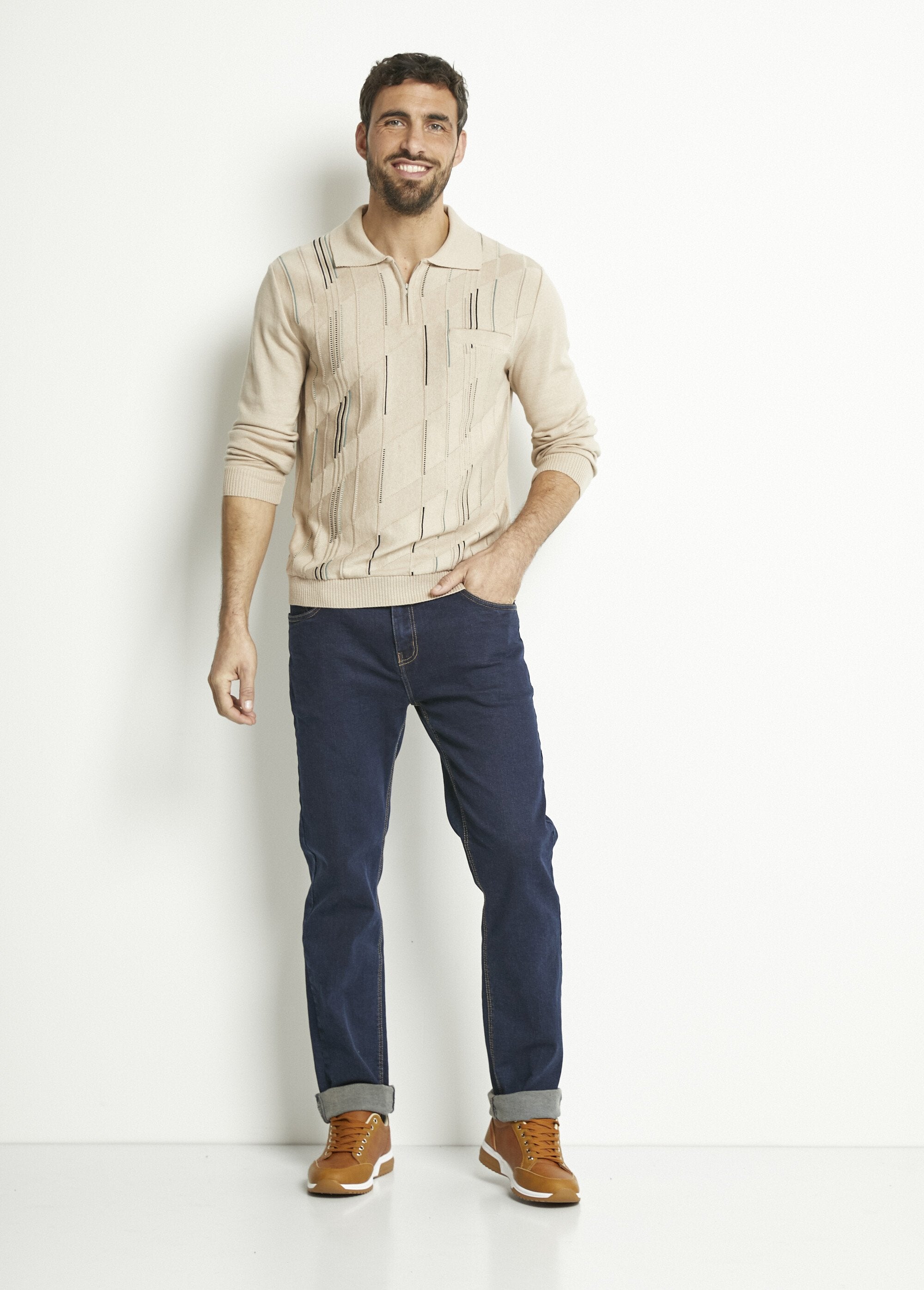 Polo_a_maniche_lunghe_in_cotone_jacquard_con_zip_Beige_SF1_slim