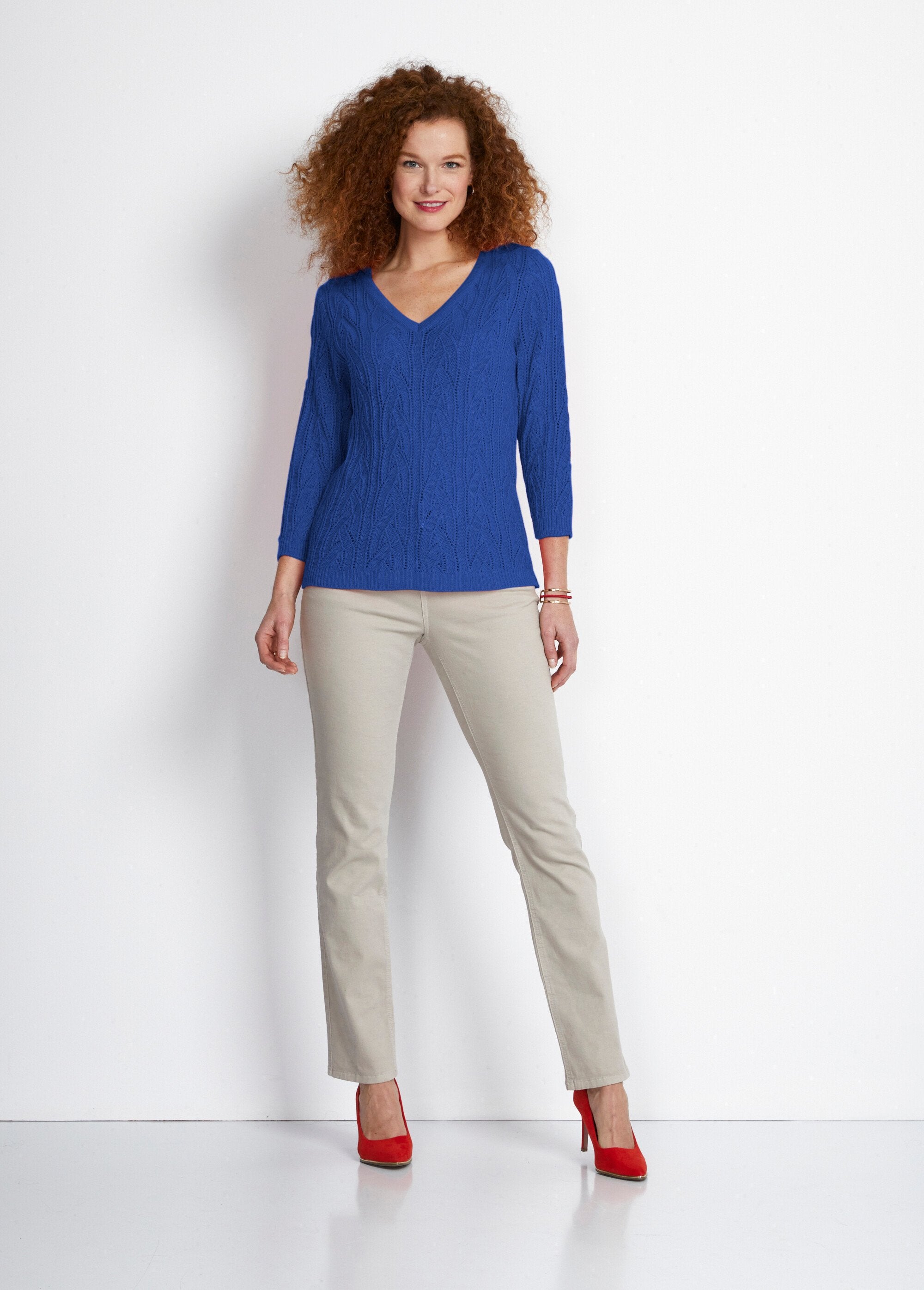 Maglia_con_scollo_a_V,_maniche_a_3/4,_maglia_traforata_Bleu_SF1_slim