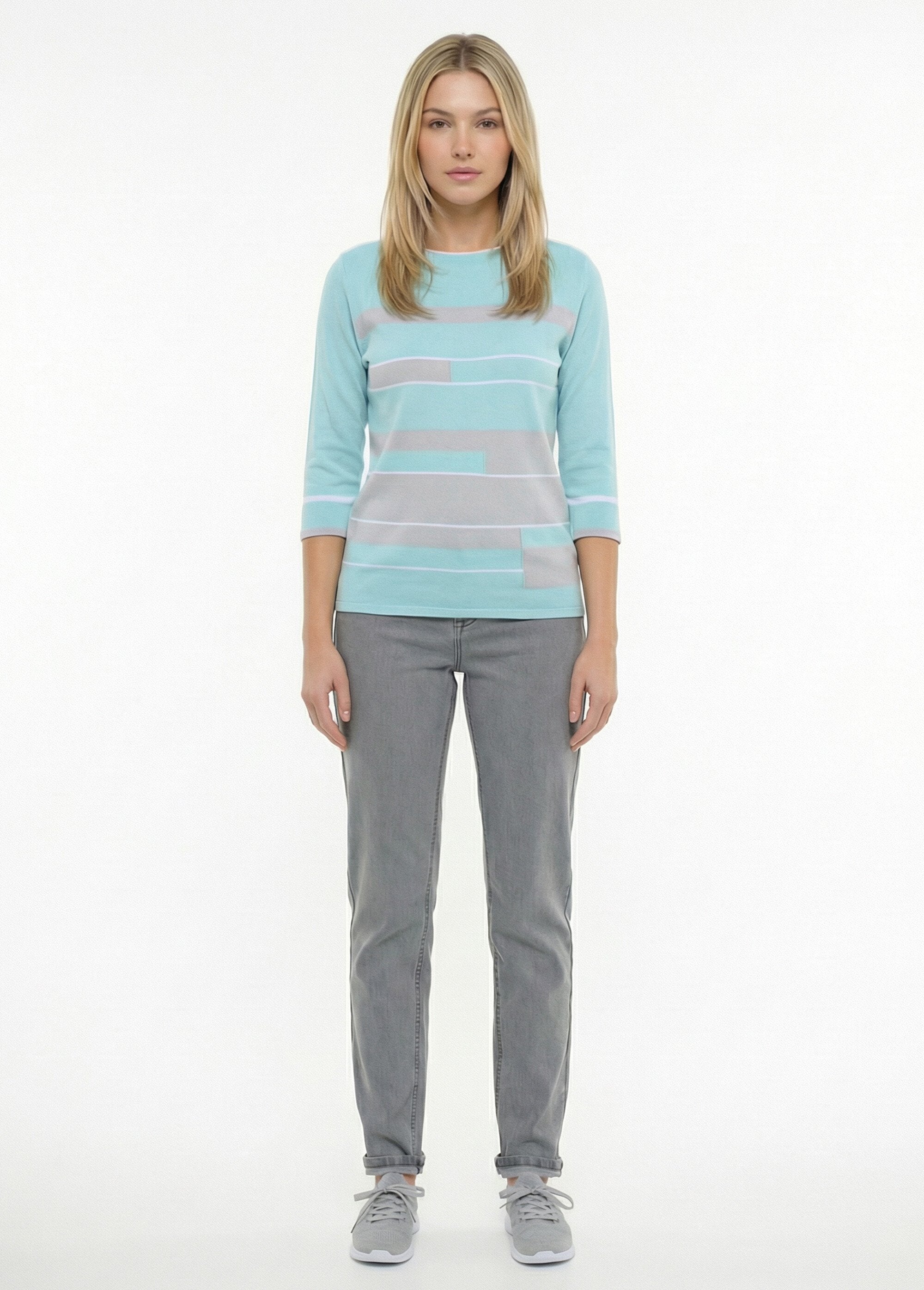 Maglia_con_scollo_a_barchetta_in_jacquard_con_maniche_a_3/4_e_strisce_sul_davanti_Aqua_et_gris_SF1_slim