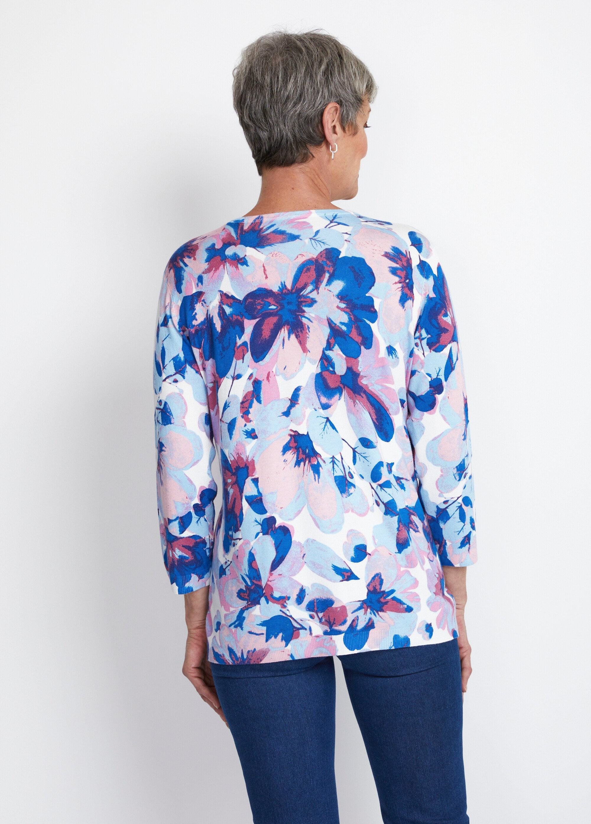 Maglia_con_maniche_a_3/4_e_stampa_floreale_Bleu_et_rose_DO1_slim