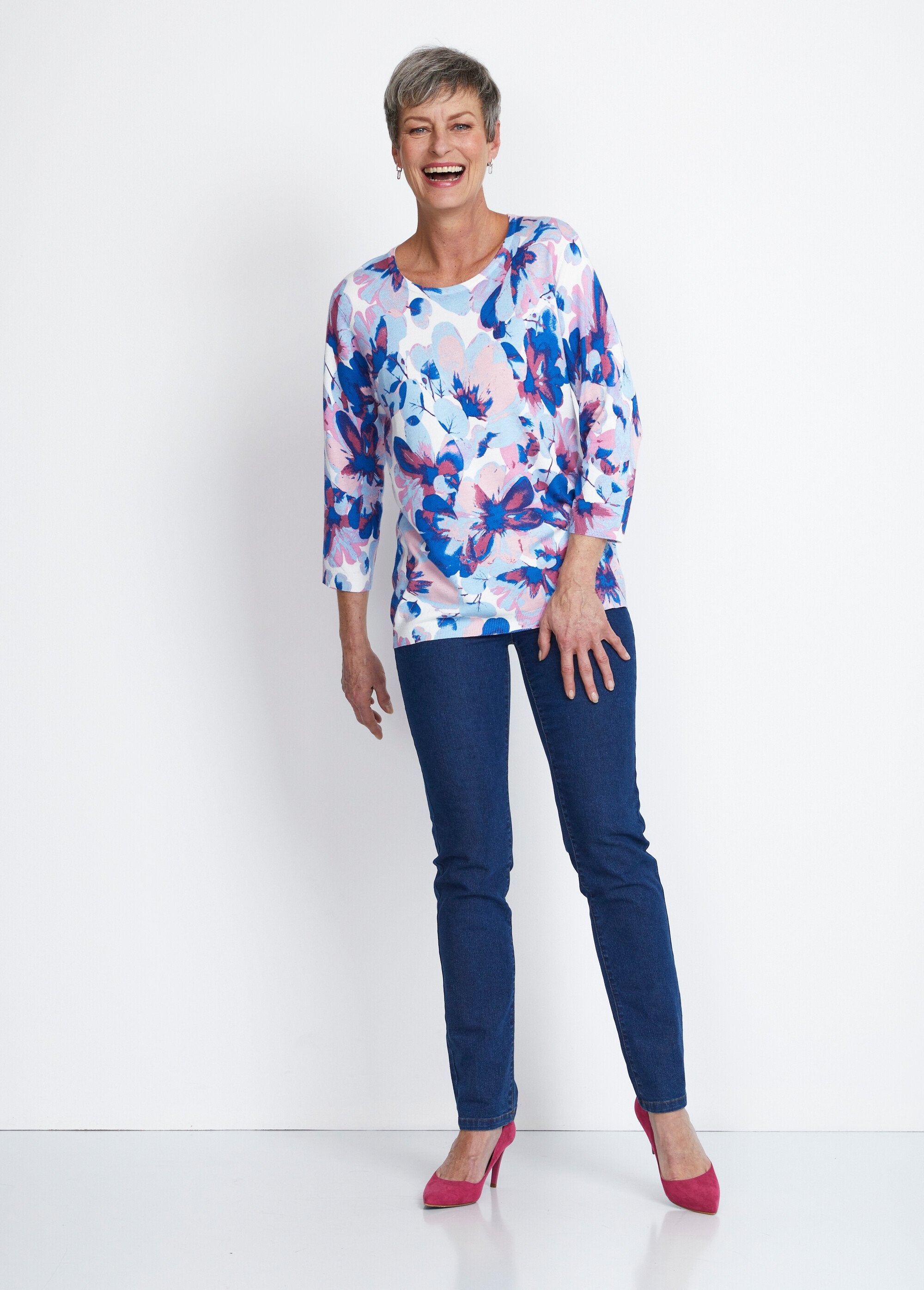 Maglia_con_maniche_a_3/4_e_stampa_floreale_Bleu_et_rose_SF1_slim