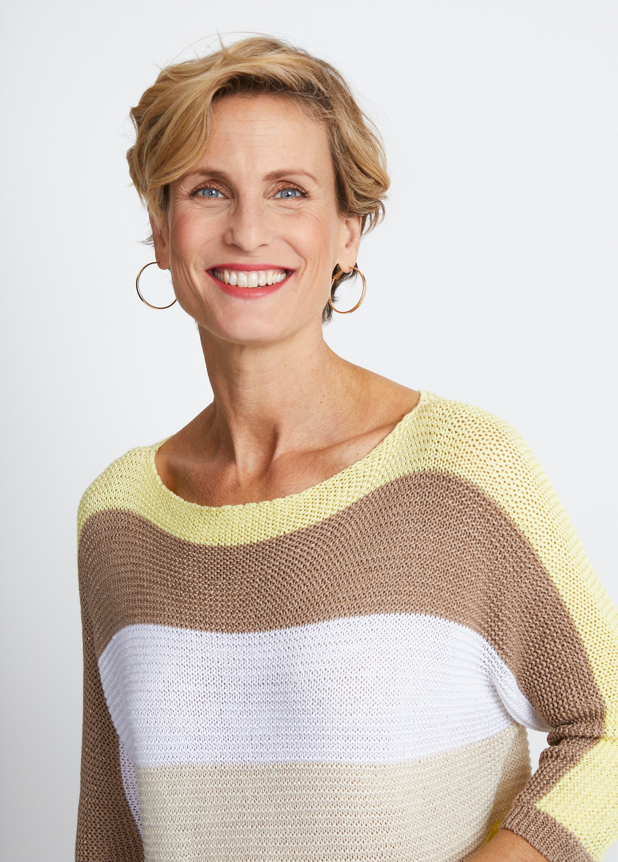 Maglia_a_righe,_maniche_a_3/4,_punto_muschio_Jaune_et_dore_DE1_slim