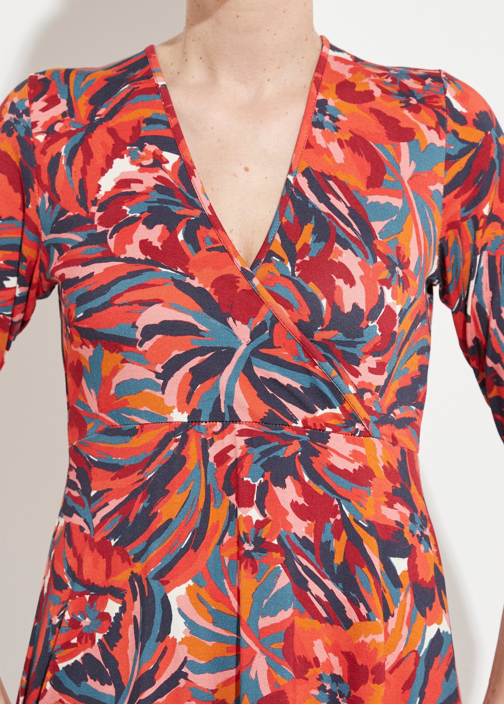 Abito_corto_a_portafoglio_con_maniche_a_3/4_e_motivo_floreale_Imprime_tomette_DE1_slim