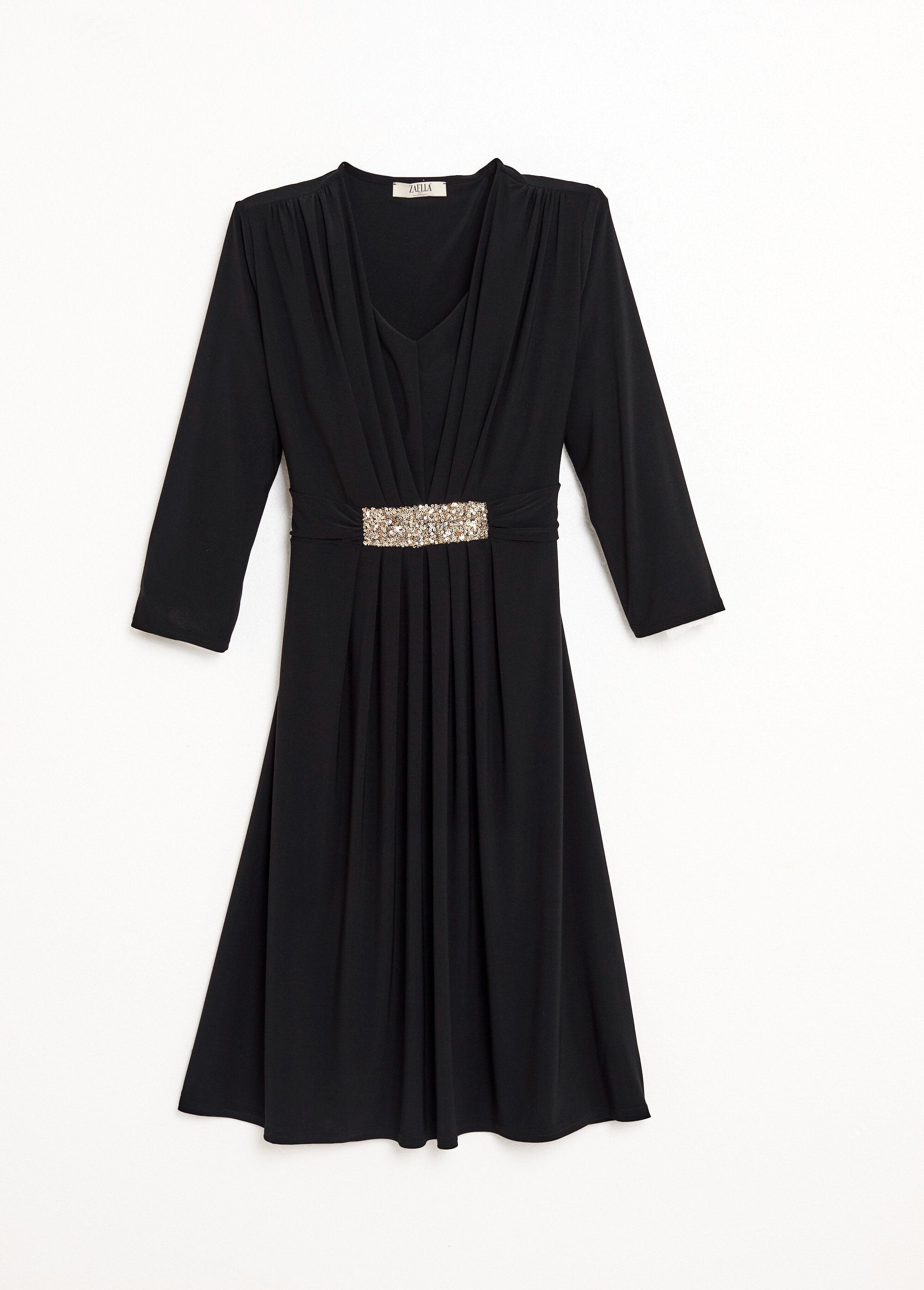 Robe_courte_col_V_effet_drapé_ceinture_bijou_Noir_AP1_slim