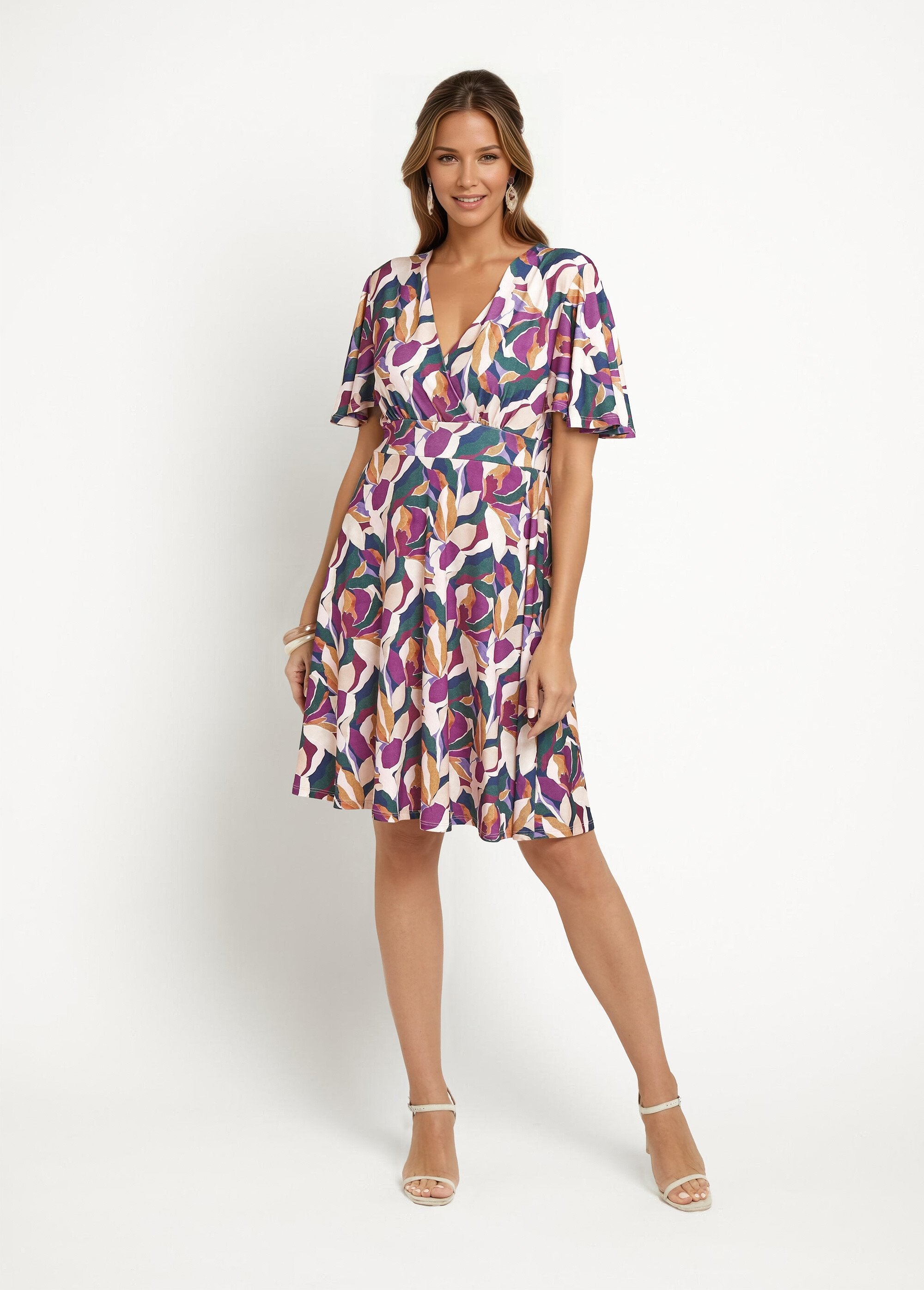 Abito_fluente_con_maniche_a_farfalla,_fogliame_Prune_et_beige_FA1_slim