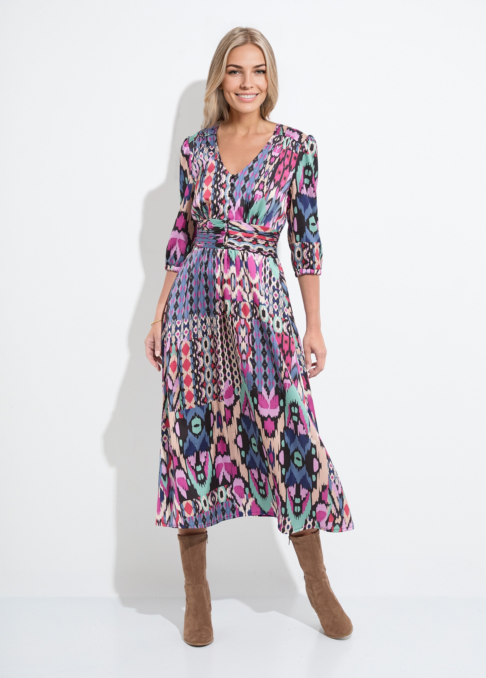 Maxi_abito_in_raso_con_stampa_etnica_a_manica_3/4_Multicolore_FA1_slim