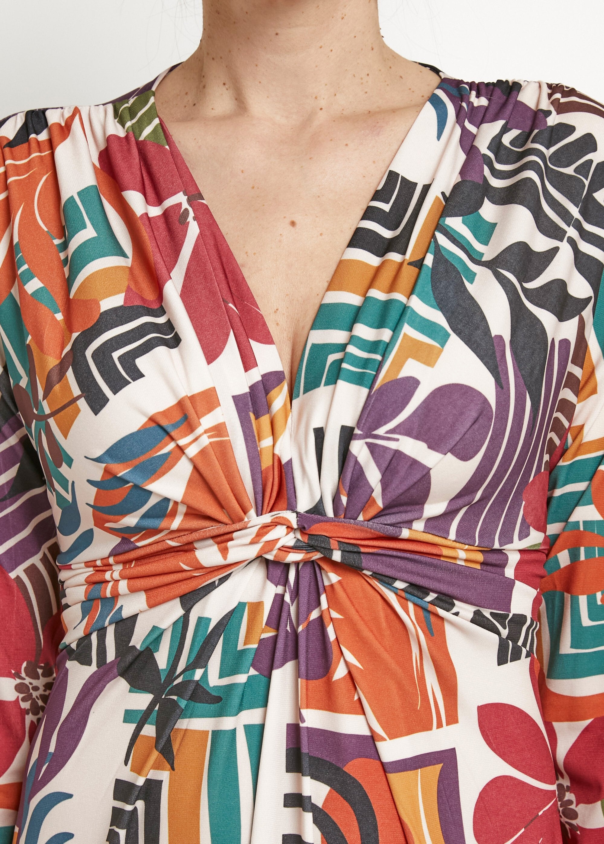 Abito_con_stampa_etnica_a_3/4_Beige_imprime_DE1_slim