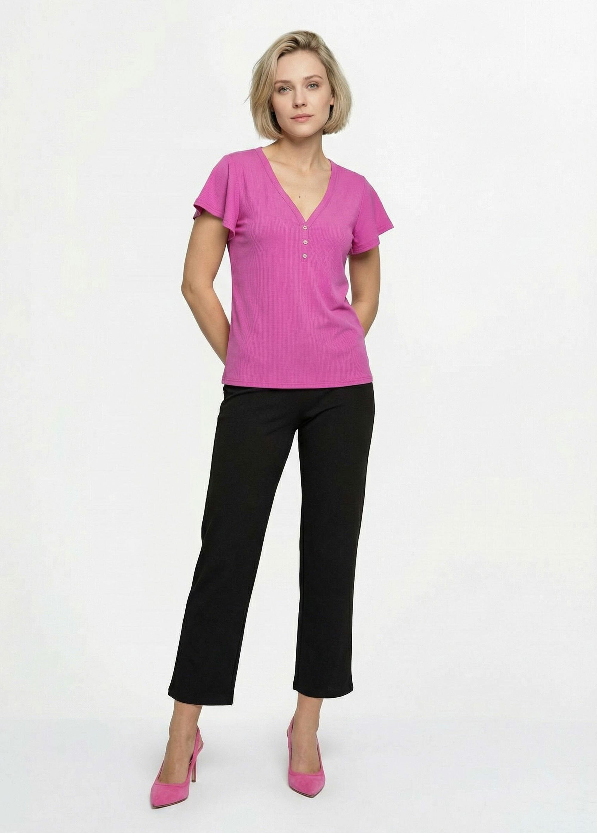 T-shirt_in_jersey_a_coste_con_scollo_a_V,_Essentiel_Fuchsia_SF1_slim