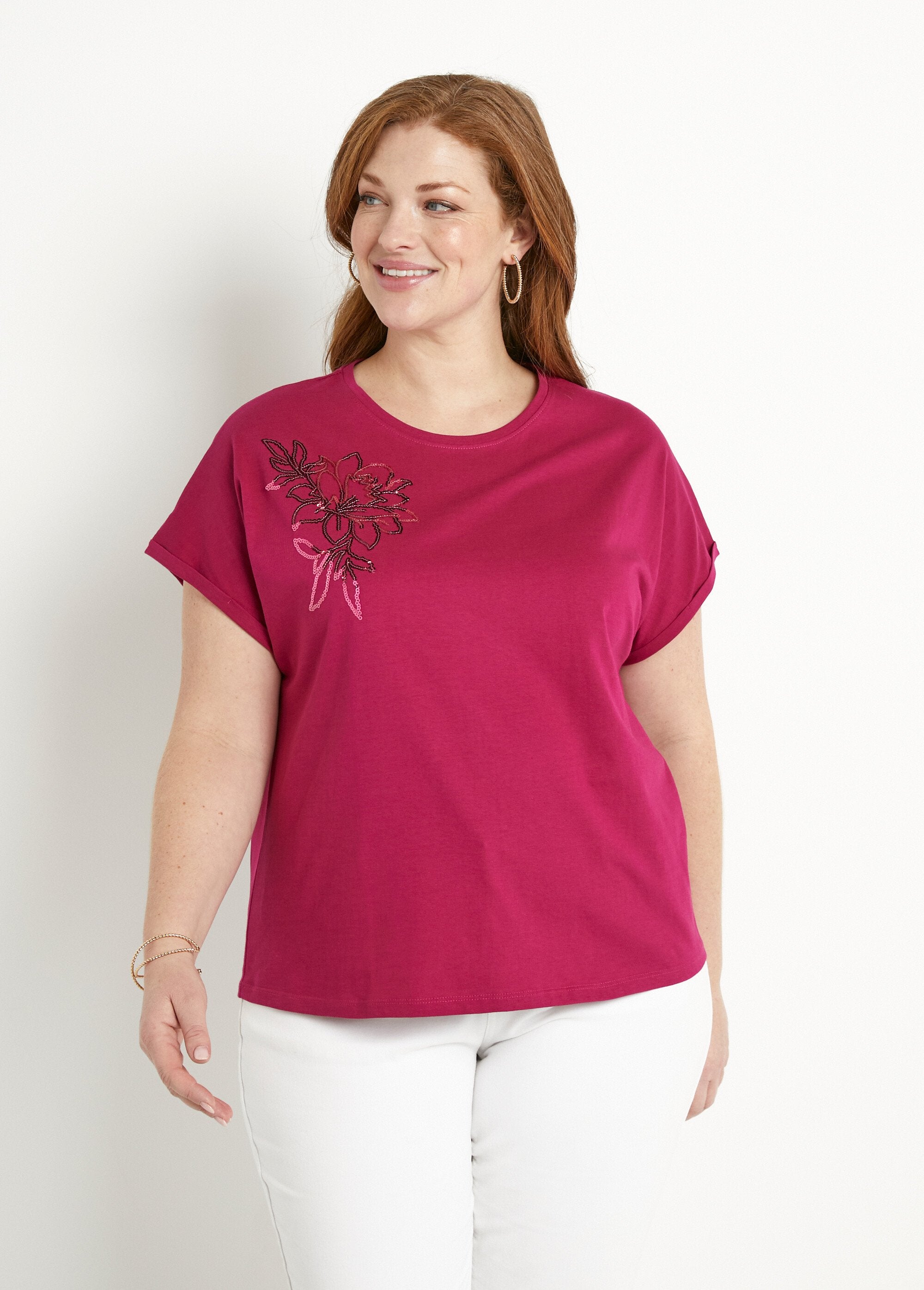 T-shirt_in_cotone_tinta_unita_con_paillettes,_maniche_corte_Cassis_FA1_curvy