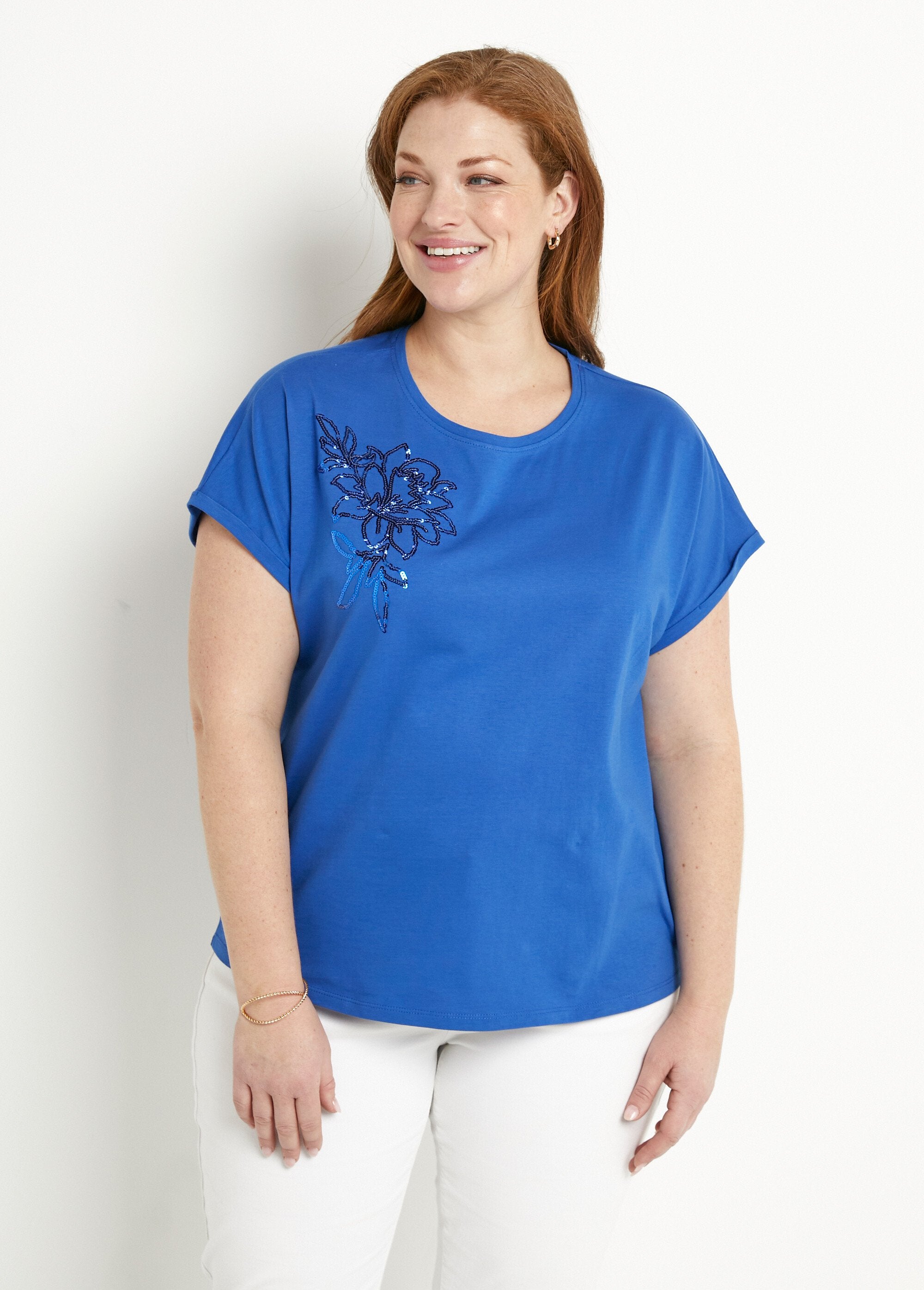 T-shirt_in_cotone_tinta_unita_con_paillettes,_maniche_corte_Bleu_dur_FA1_curvy