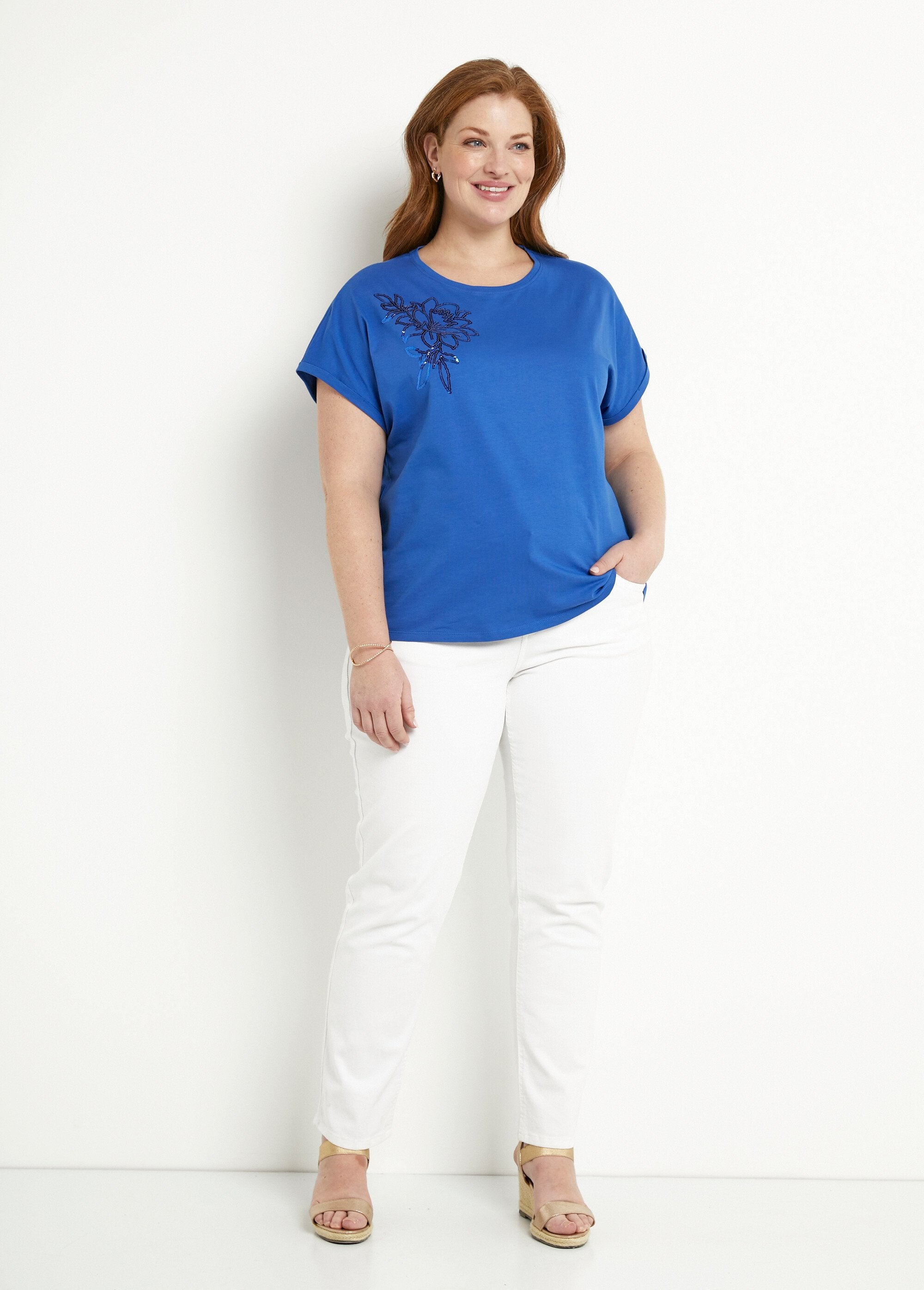T-shirt_in_cotone_tinta_unita_con_paillettes,_maniche_corte_Bleu_dur_SF1_curvy