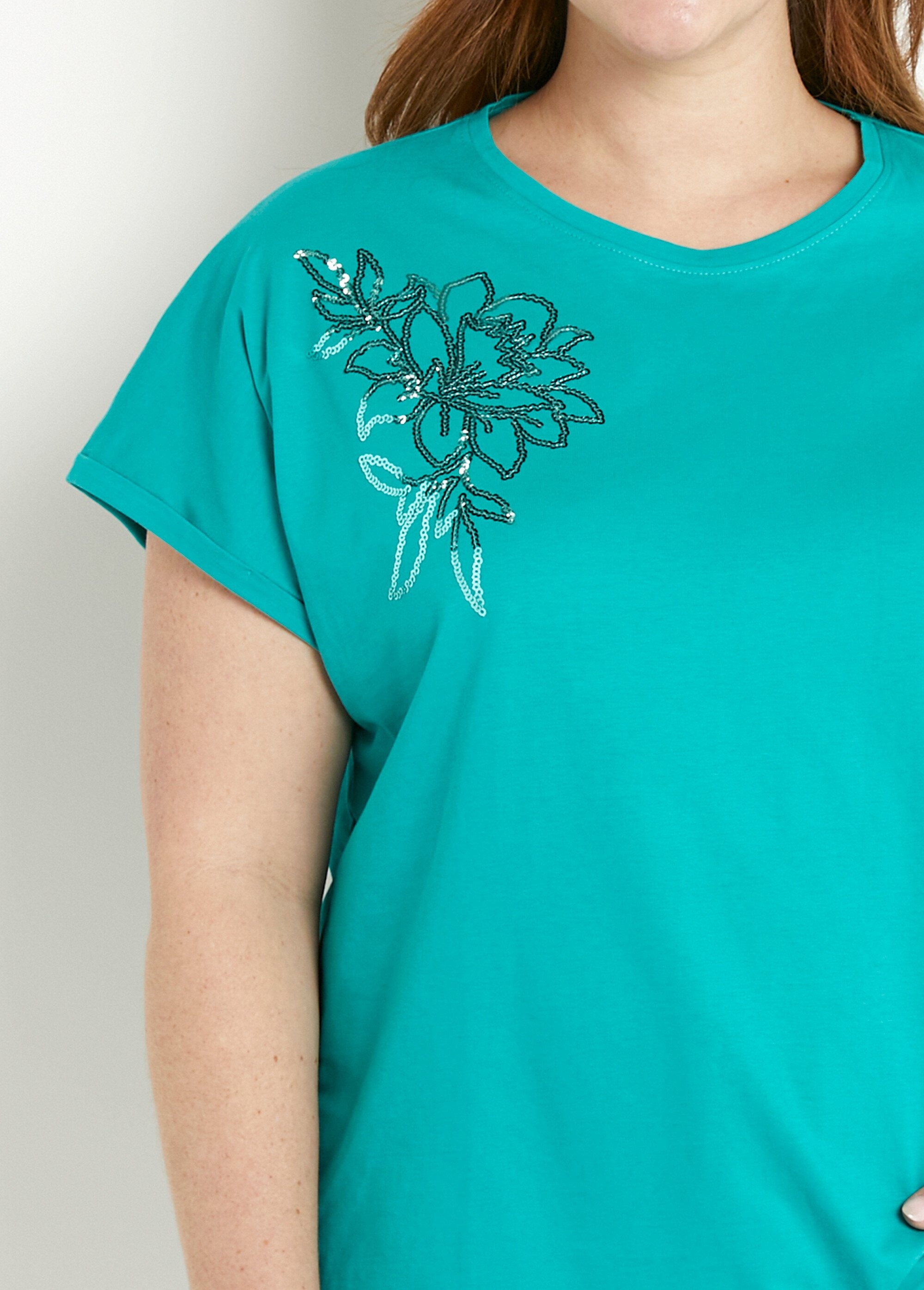 T-shirt_in_cotone_tinta_unita_con_paillettes,_maniche_corte_Turquoise_DE1_curvy