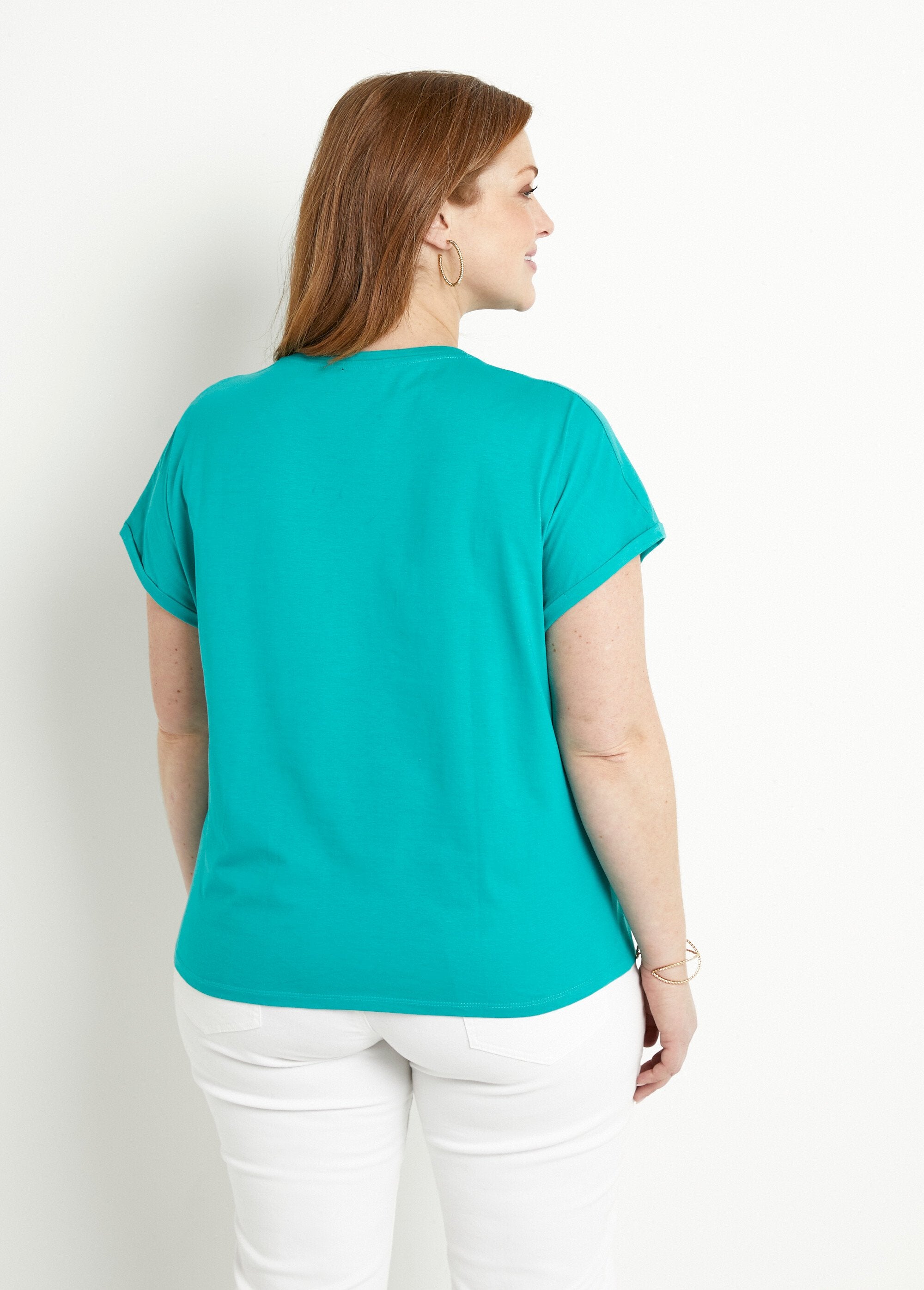 T-shirt_in_cotone_tinta_unita_con_paillettes,_maniche_corte_Turquoise_DO1_curvy