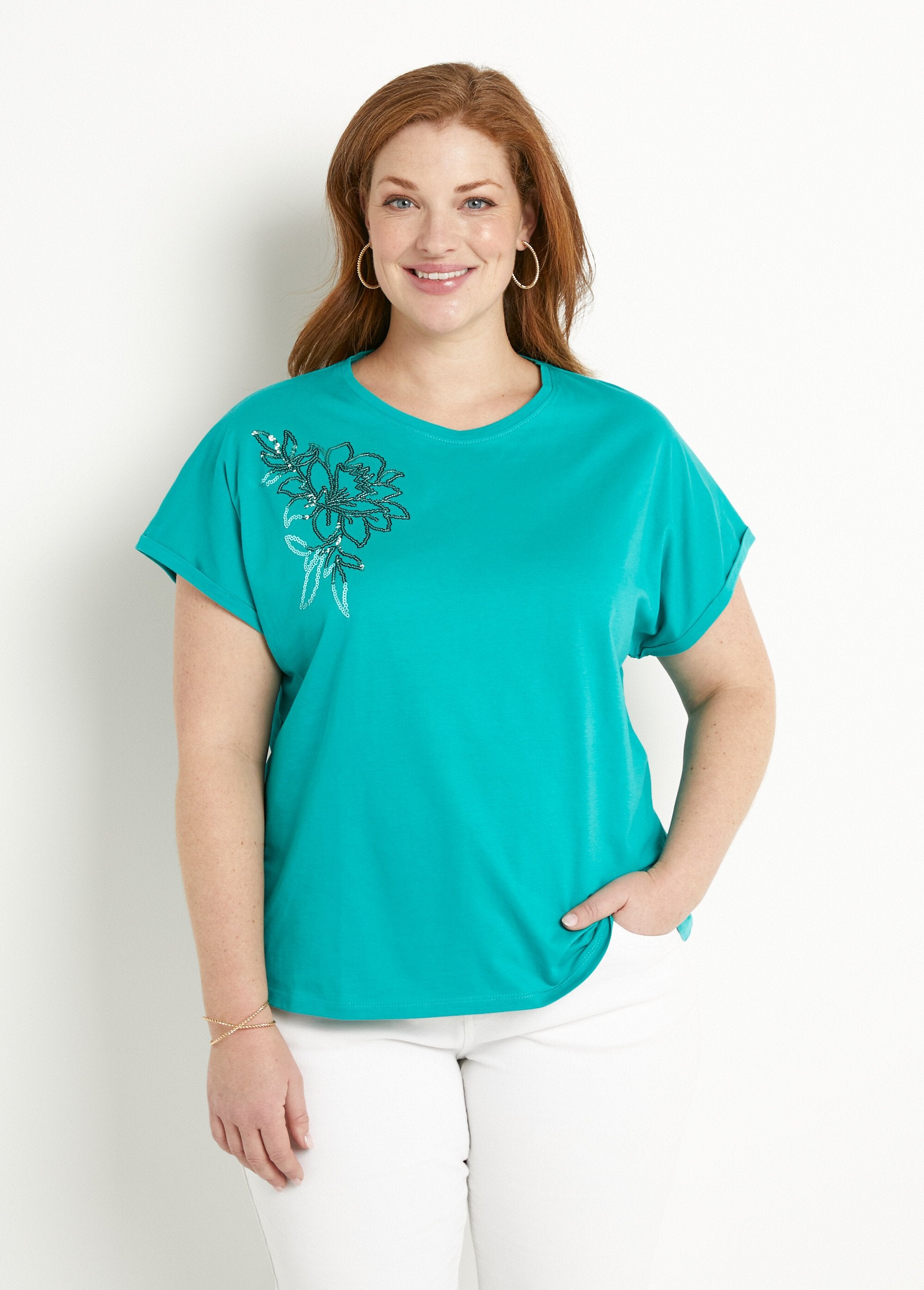 T-shirt_in_cotone_tinta_unita_con_paillettes,_maniche_corte_Turquoise_FA1_curvy
