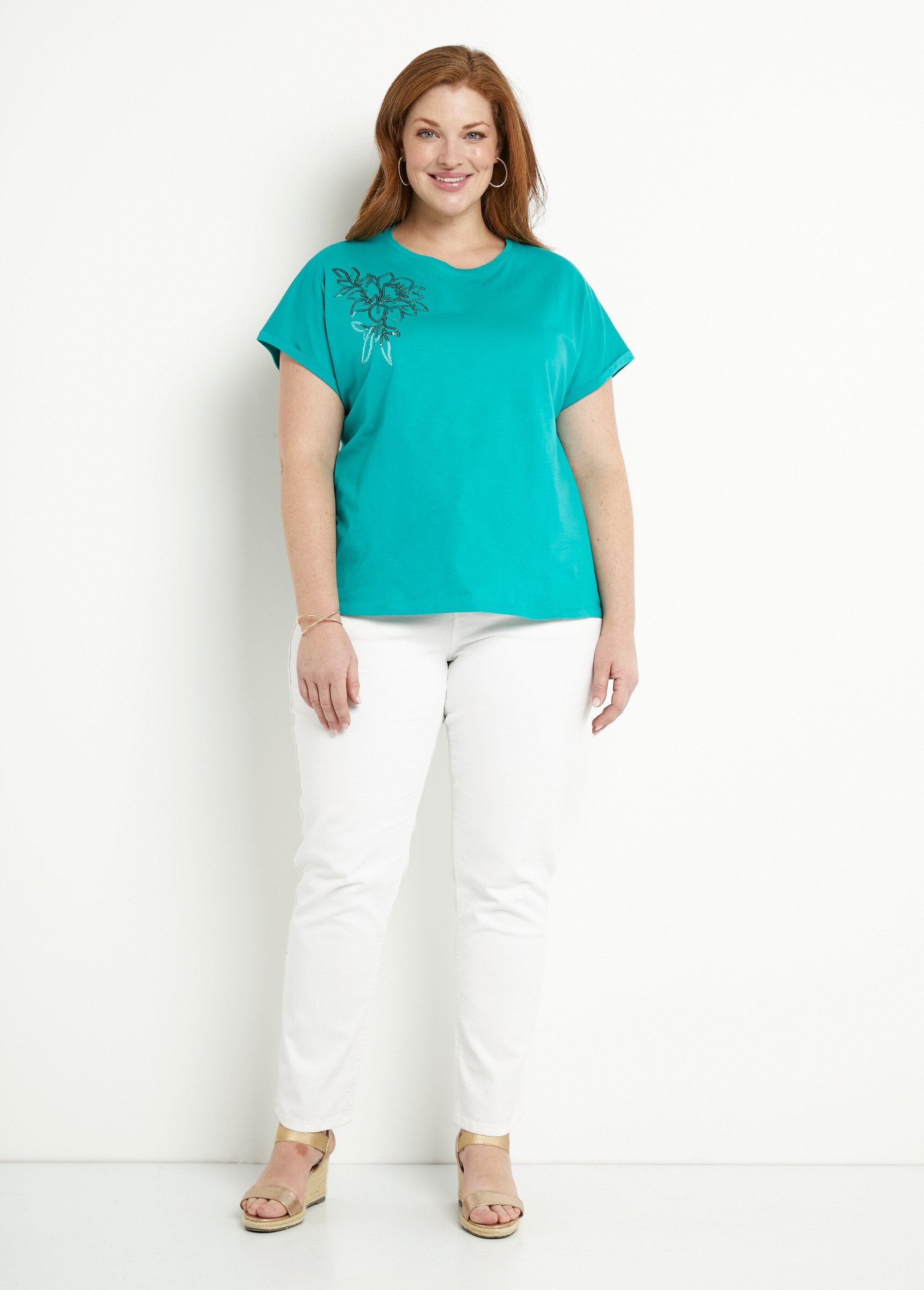T-shirt_in_cotone_tinta_unita_con_paillettes,_maniche_corte_Turquoise_SF1_curvy