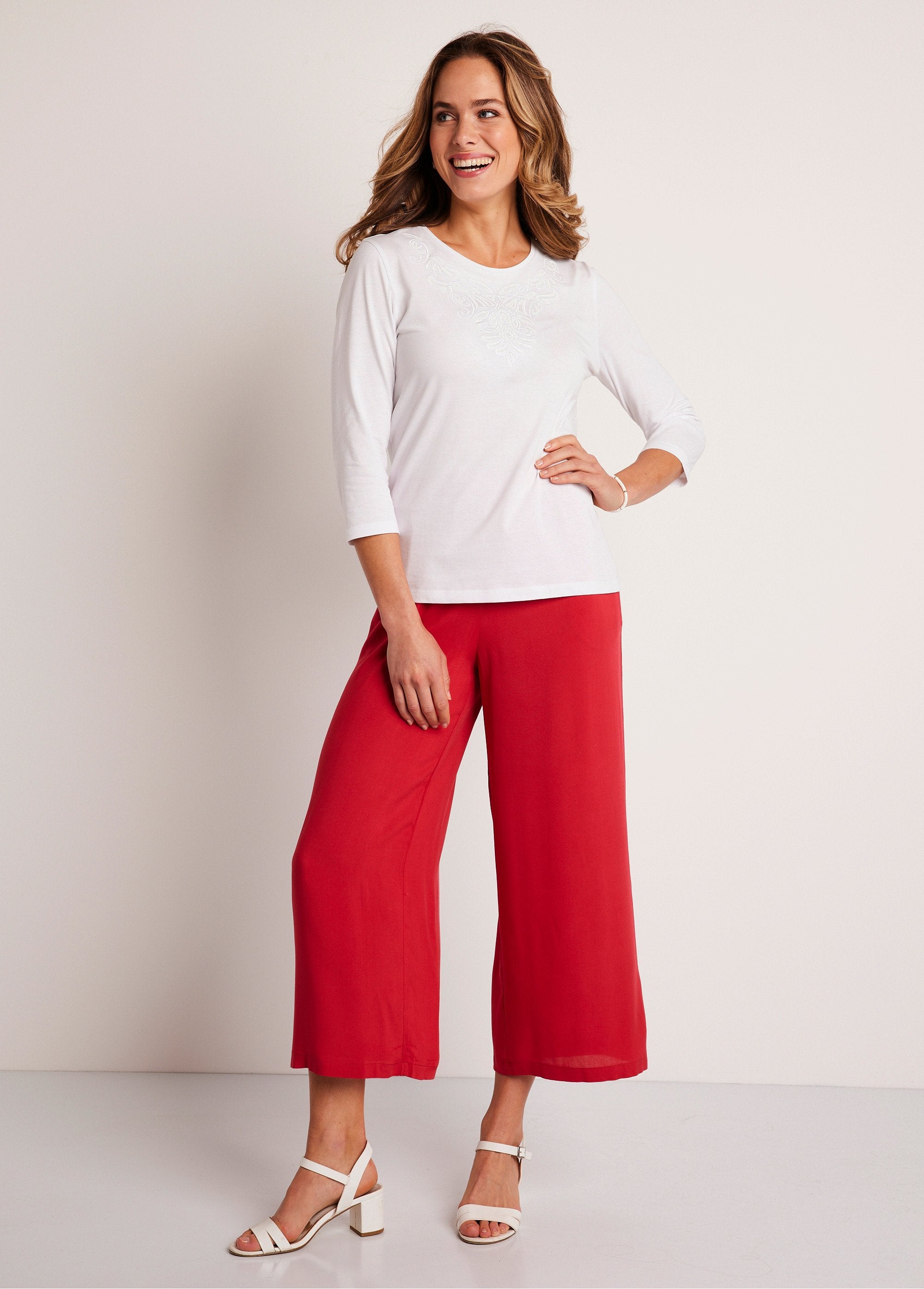 T-shirt_corta_con_maniche_a_3/4_ricamate_BIANCO_SF1_slim