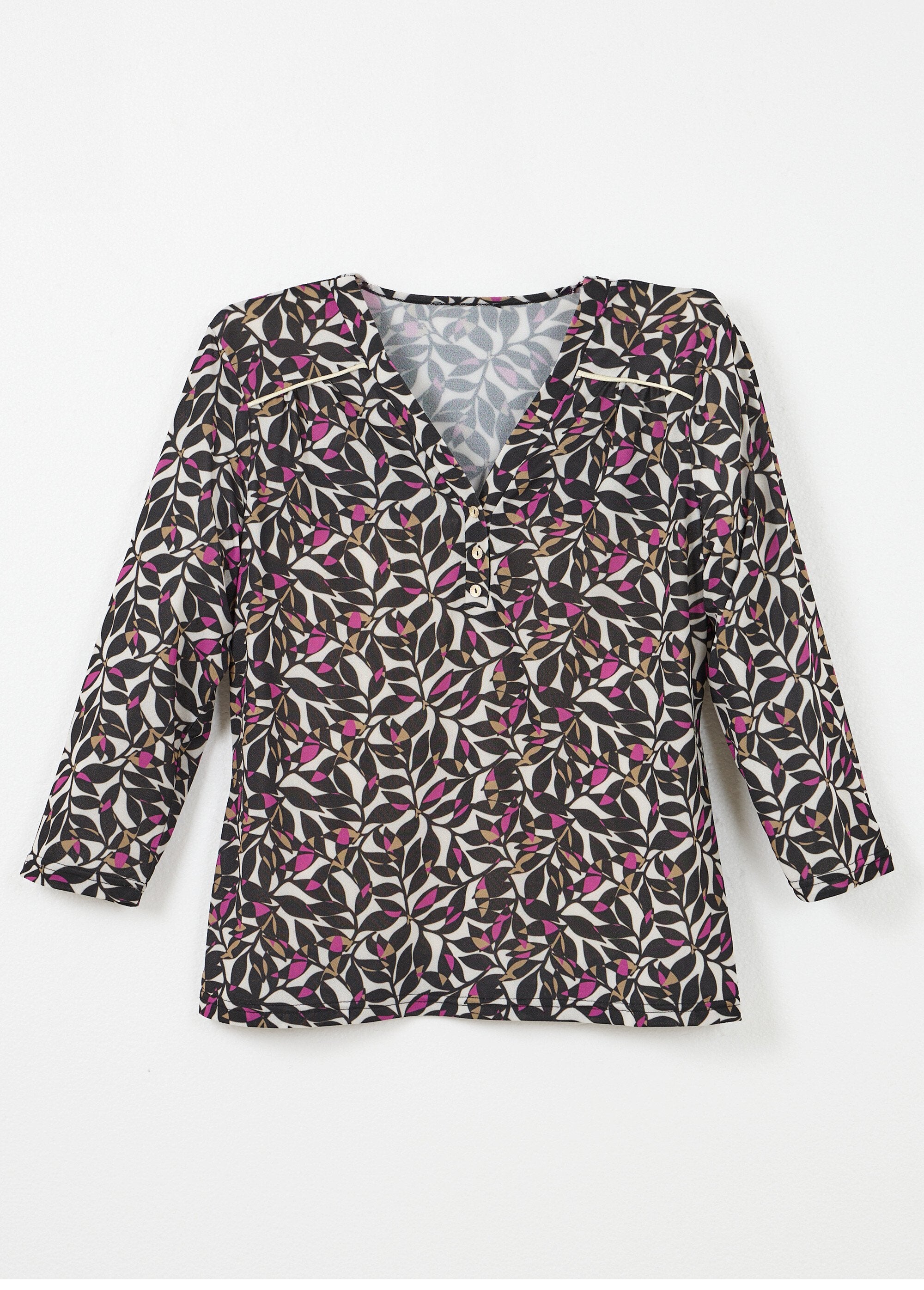 T-shirt_corta_con_scollo_a_V_e_maniche_a_3/4_con_stampa_di_foglie_Ecru_et_rose_AP1_slim