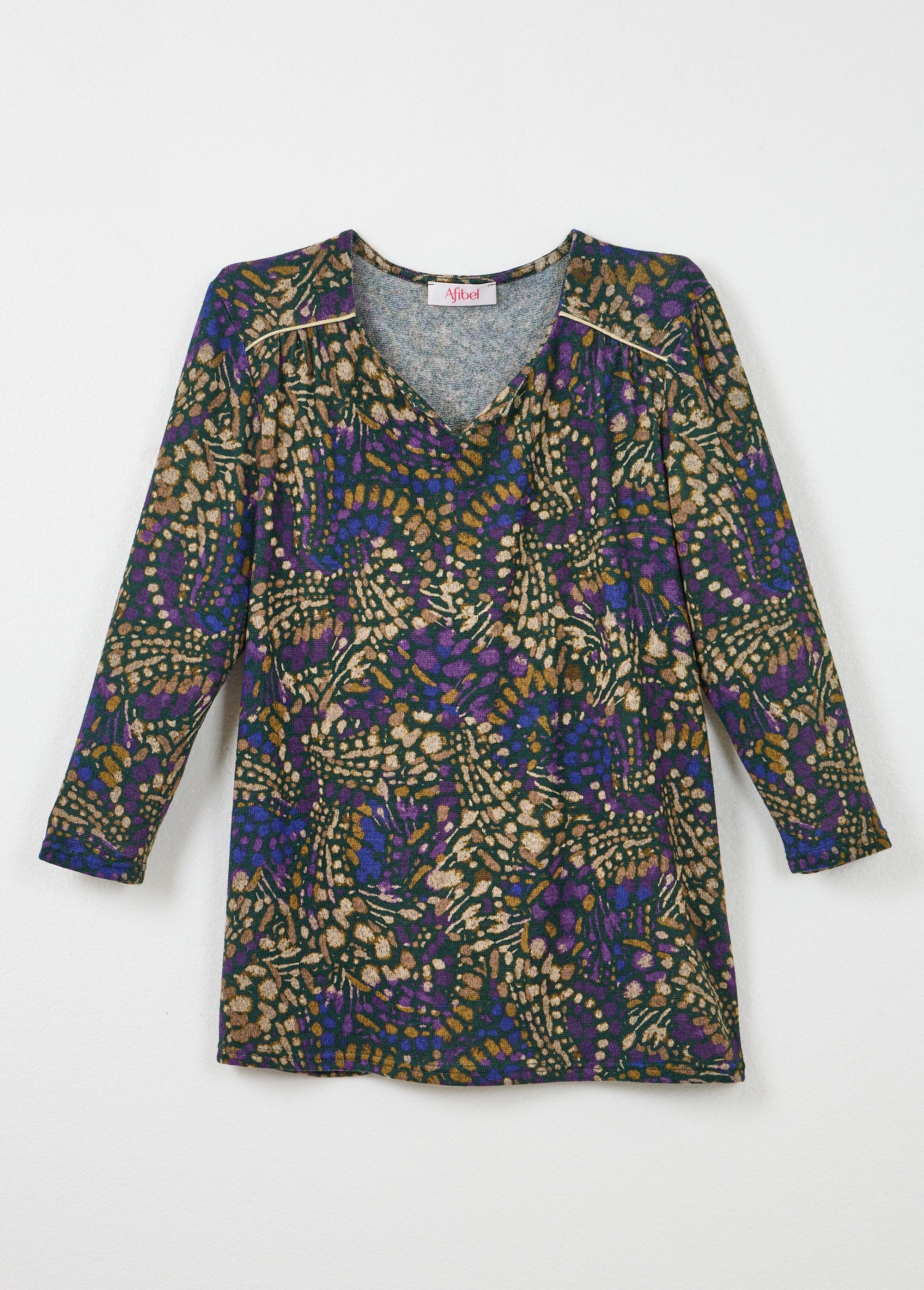 T-shirt_lunga_e_svasata,_maniche_a_3/4,_stampa_tachista_Violet_et_beige_AP1_slim