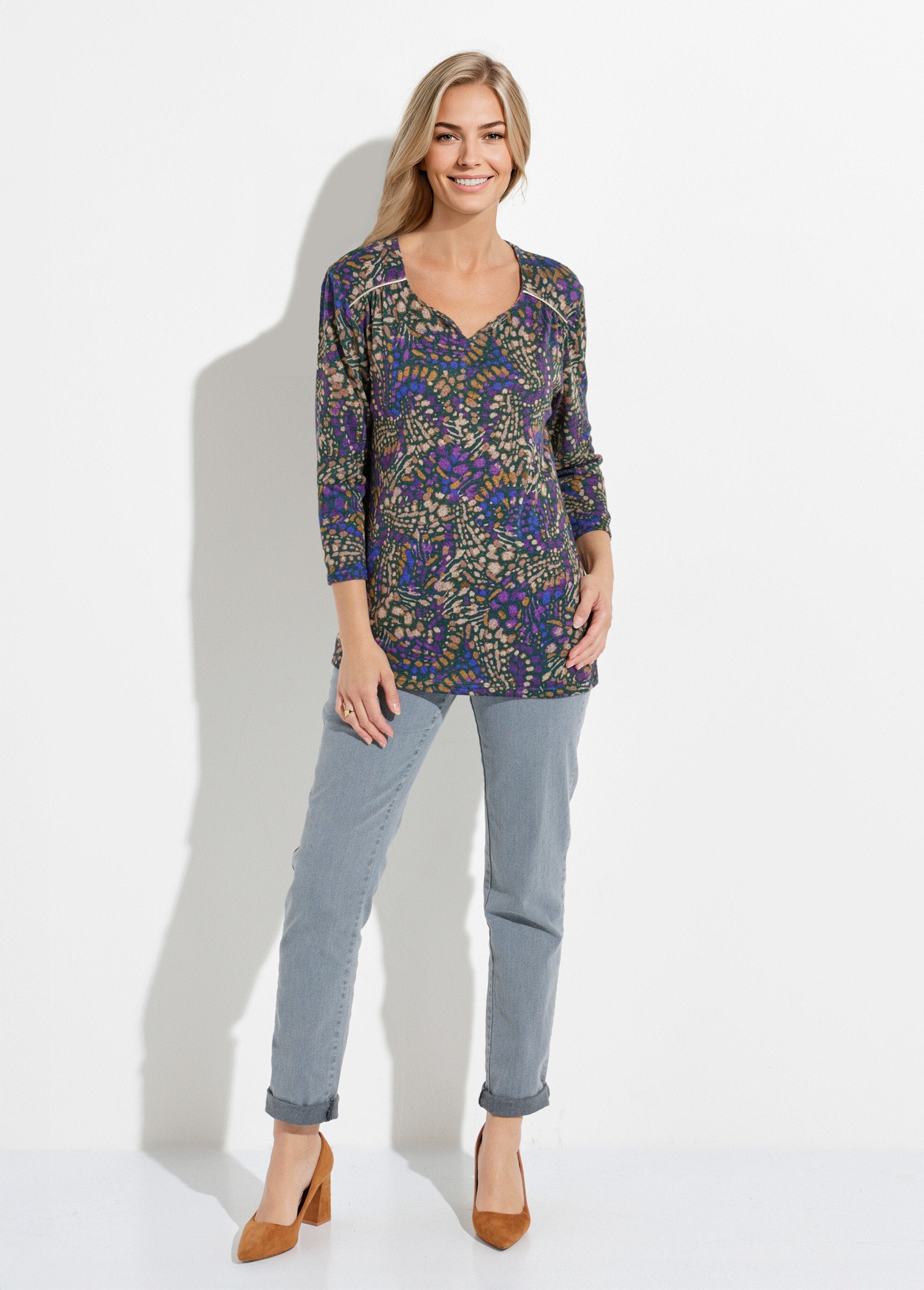 T-shirt_lunga_e_svasata,_maniche_a_3/4,_stampa_tachista_Violet_et_beige_SF1_slim