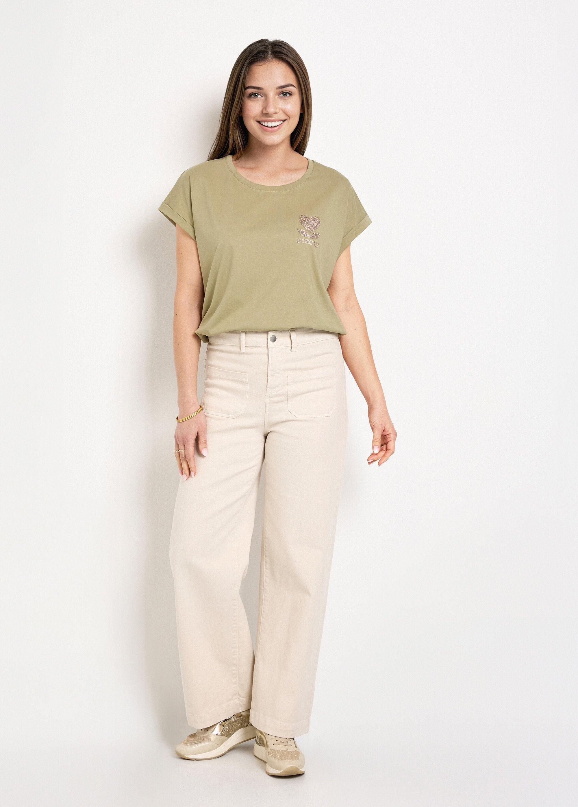 T-shirt_a_maniche_corte_con_messaggio_glitterato_Kaki_SF1_slim