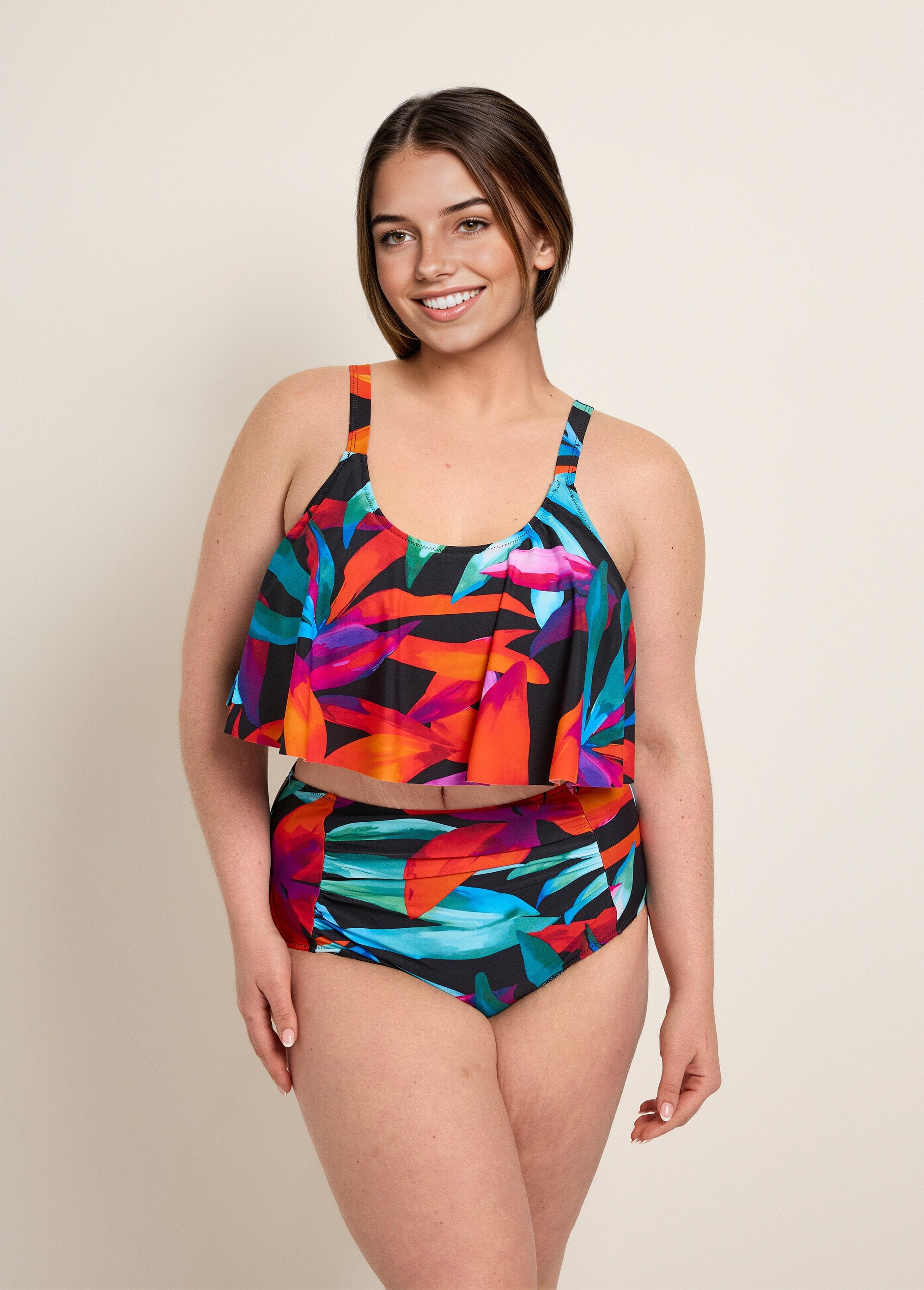 Tankini_2_pezzi_con_volant,_foglie_Noir_multicolore_FA1_curvy