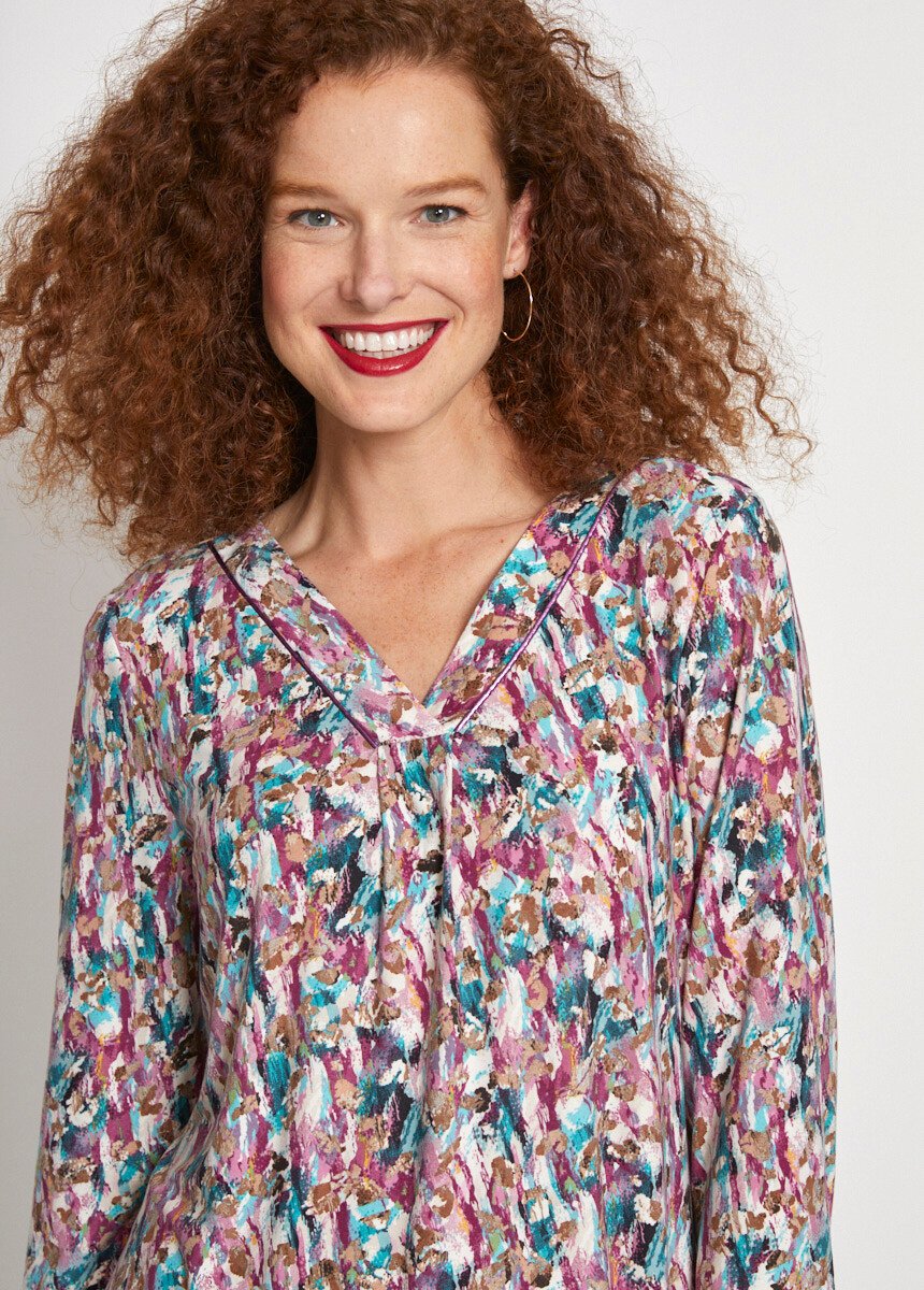 T-shirt_con_scollo_a_V_stampato,_maniche_a_3/4_Cassis_et_emeraude_DE1_slim