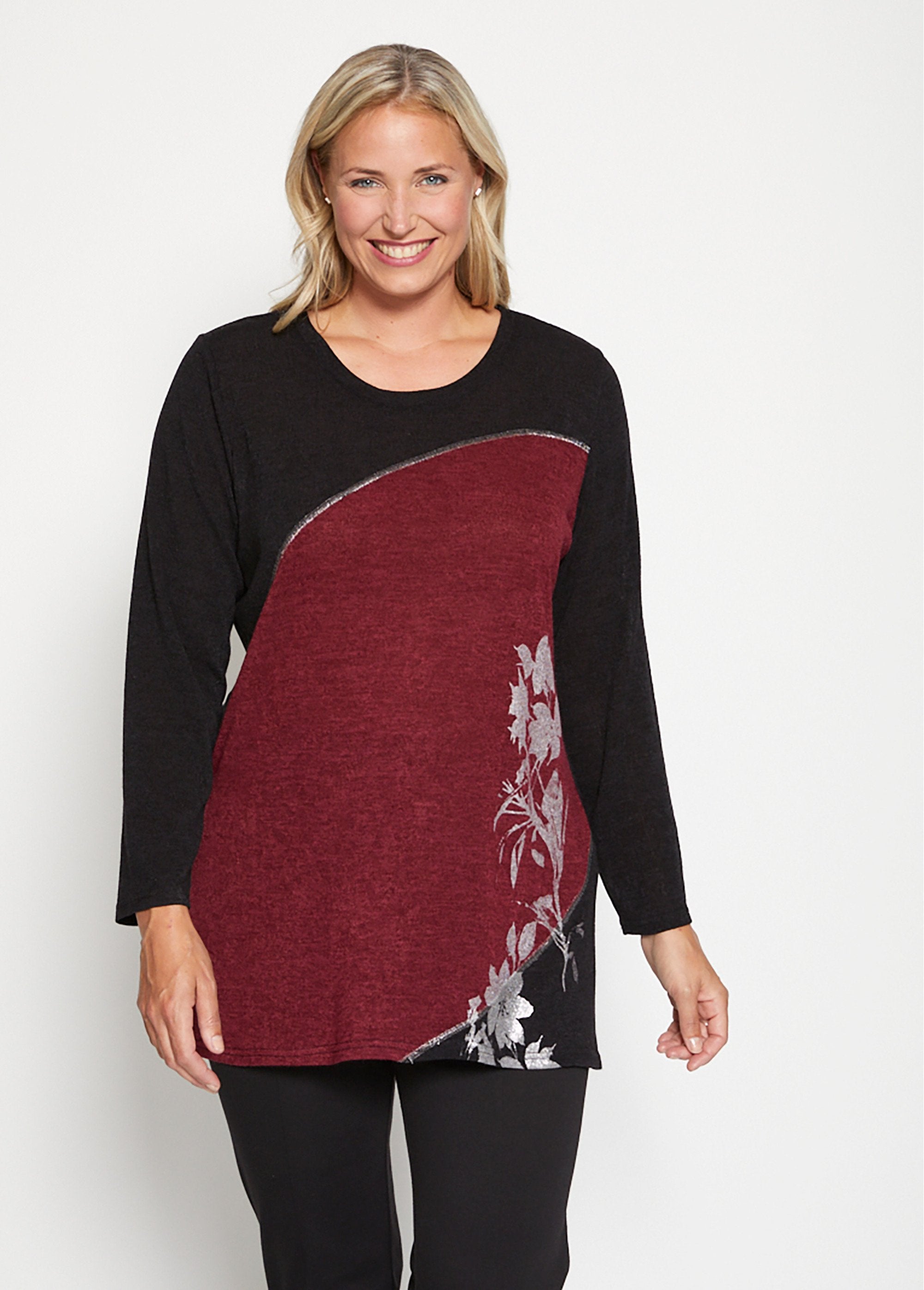 T-shirt_lunga_floreale_elasticizzata_Noir_et_bordeaux_FA1_curvy