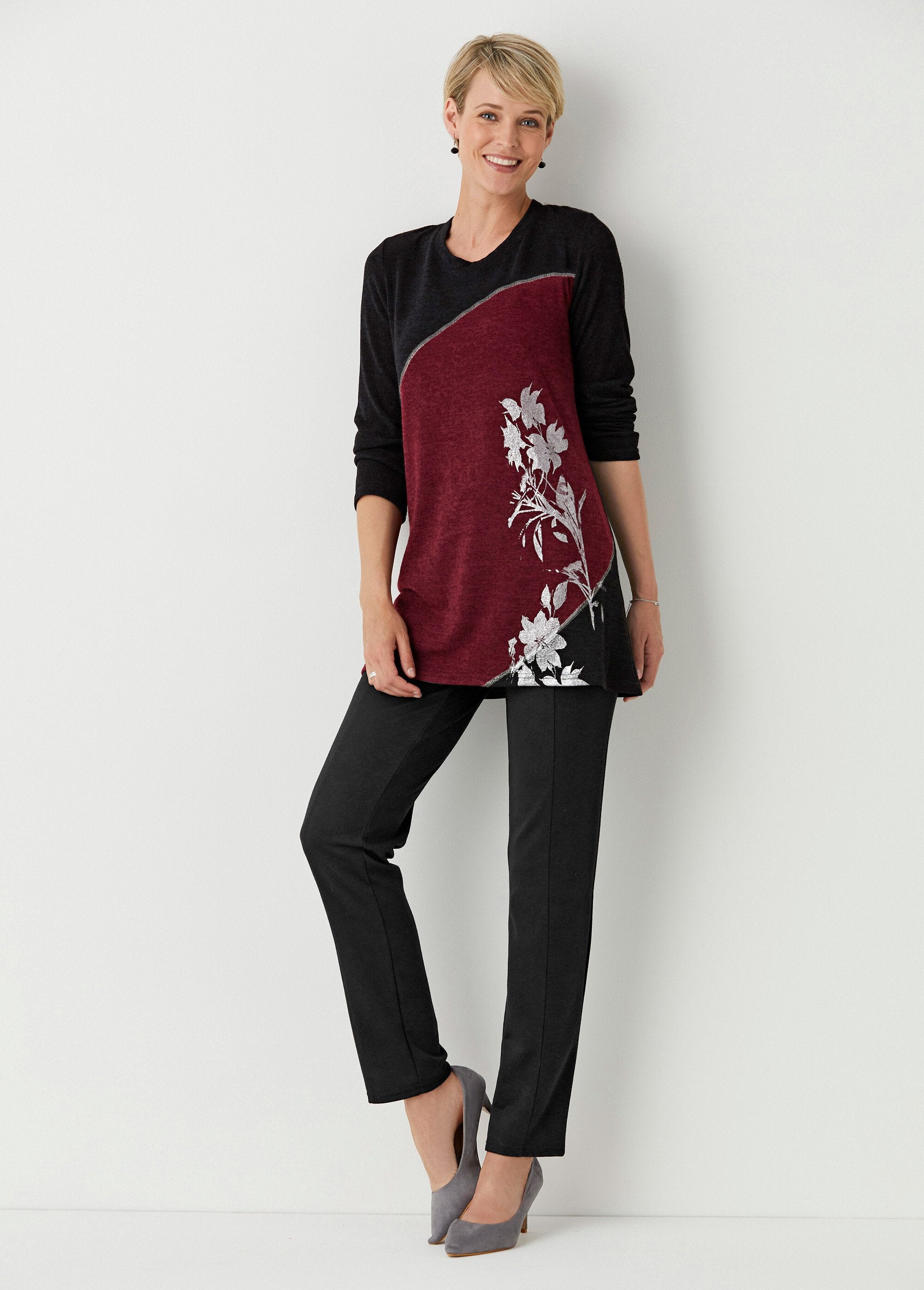 T-shirt_lunga_floreale_elasticizzata_Noir_et_bordeaux_SF1_slim