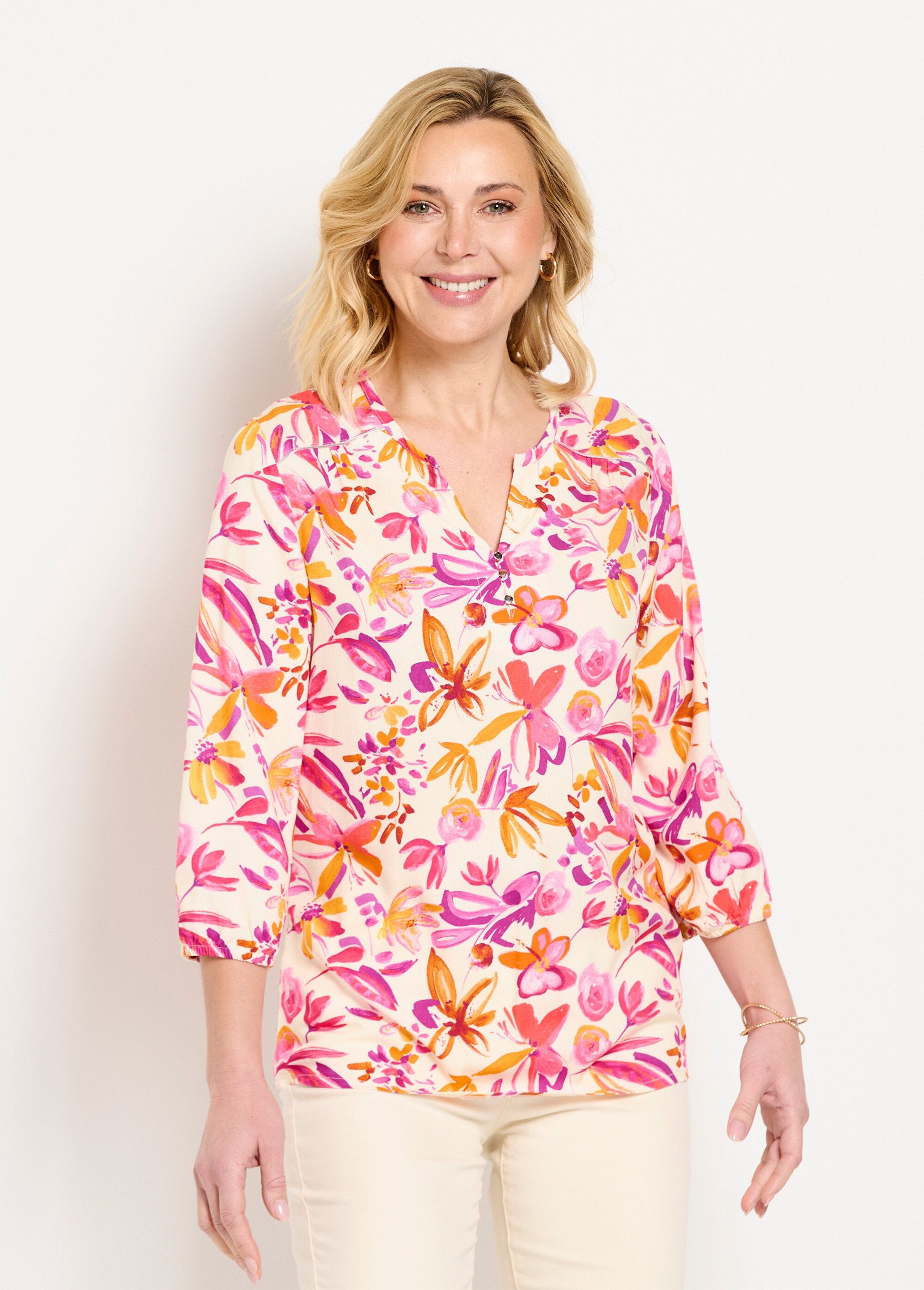 Tunica_floreale_dalla_vestibilità_ampia,_maniche_a_3/4_Orange_et_rose_FA1_slim