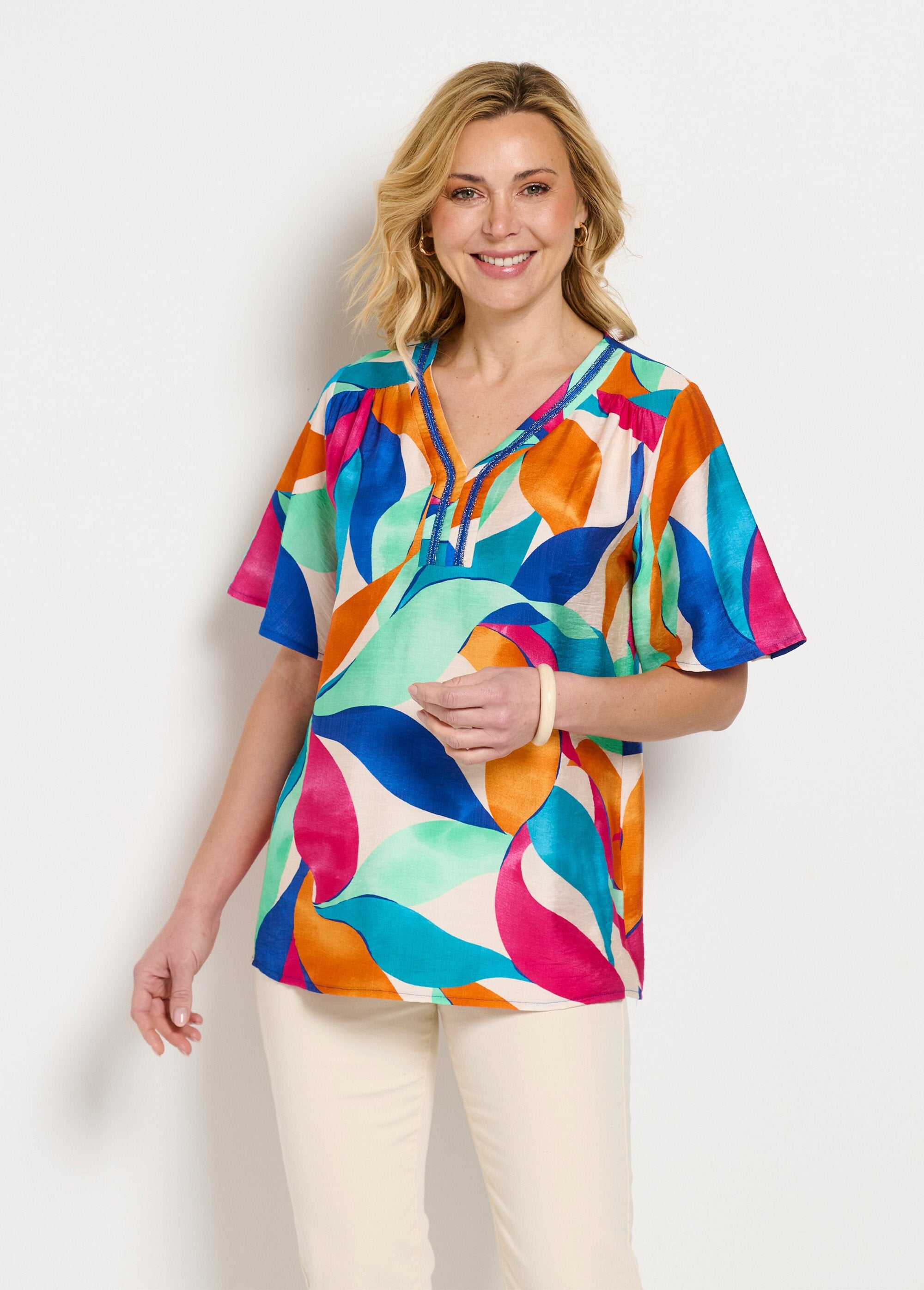 Tunica_lunga_stampata_e_aderente_con_maniche_arricciate_Orange_et_bleu_FA1_slim
