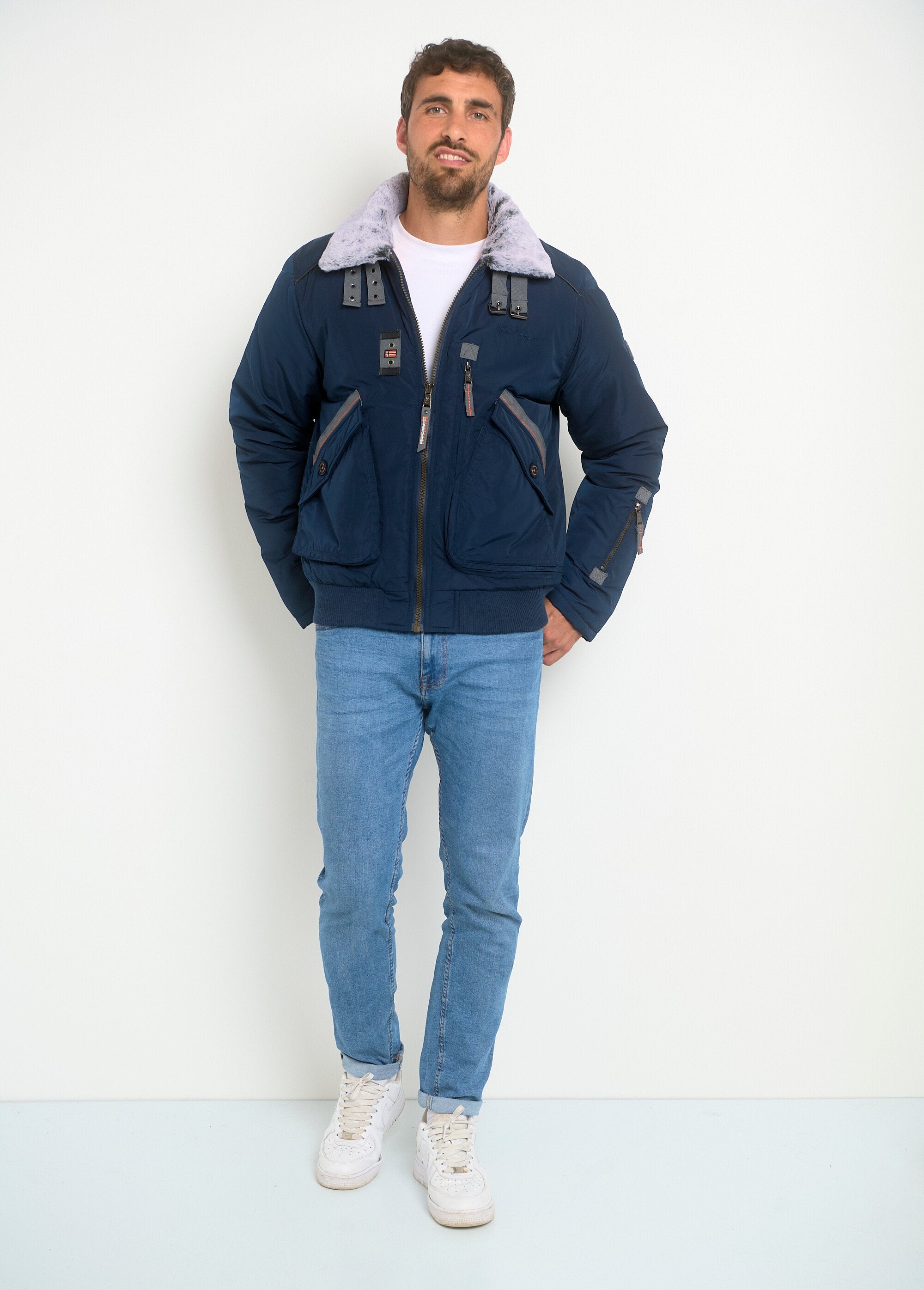 Giacca_stile_aviatore_con_collo_alto_foderato_Bleu_SF1_slim