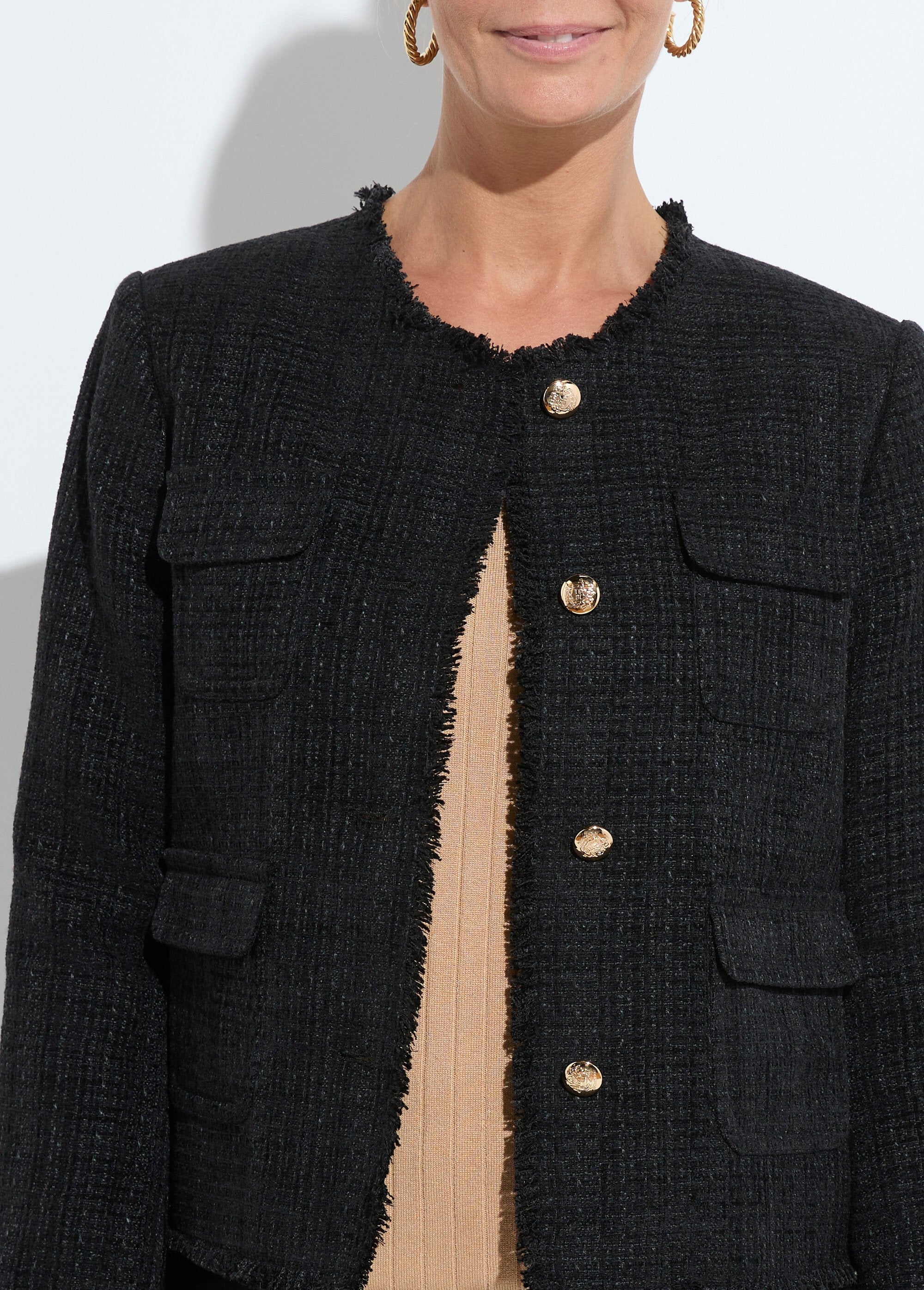 Giacca_in_tweed_senza_colletto_con_frange_e_bottoni_Noir_DE1_slim