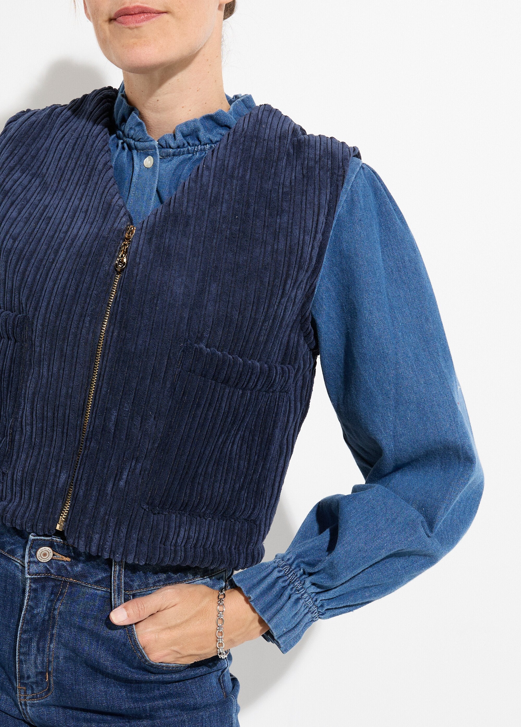 Giacca_senza_maniche_in_velluto_con_scollo_a_V_e_zip_Marine_DE1_slim