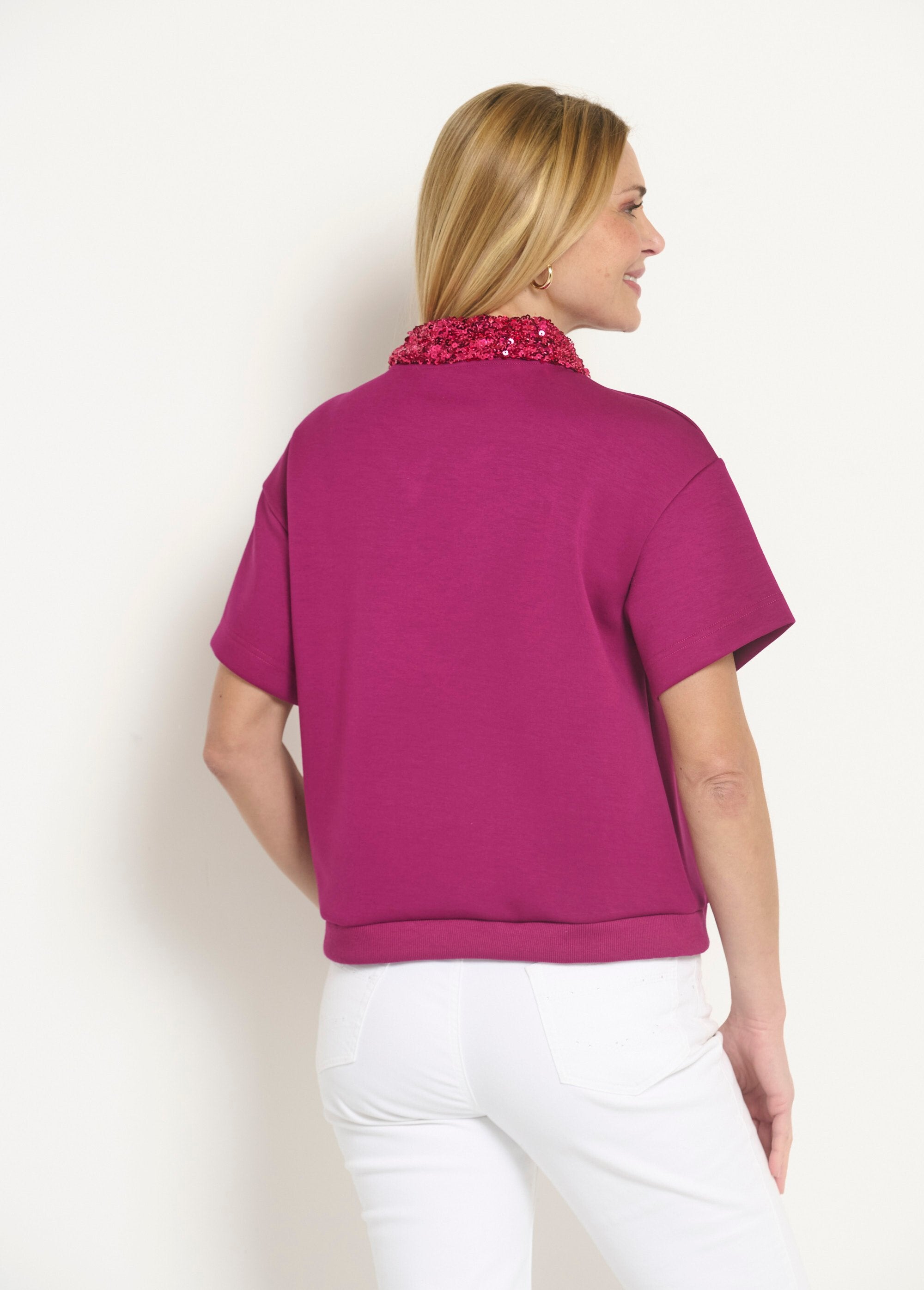 Blouse_col_pailleté_sequins_manches_courtes_Framboise_DO1_slim