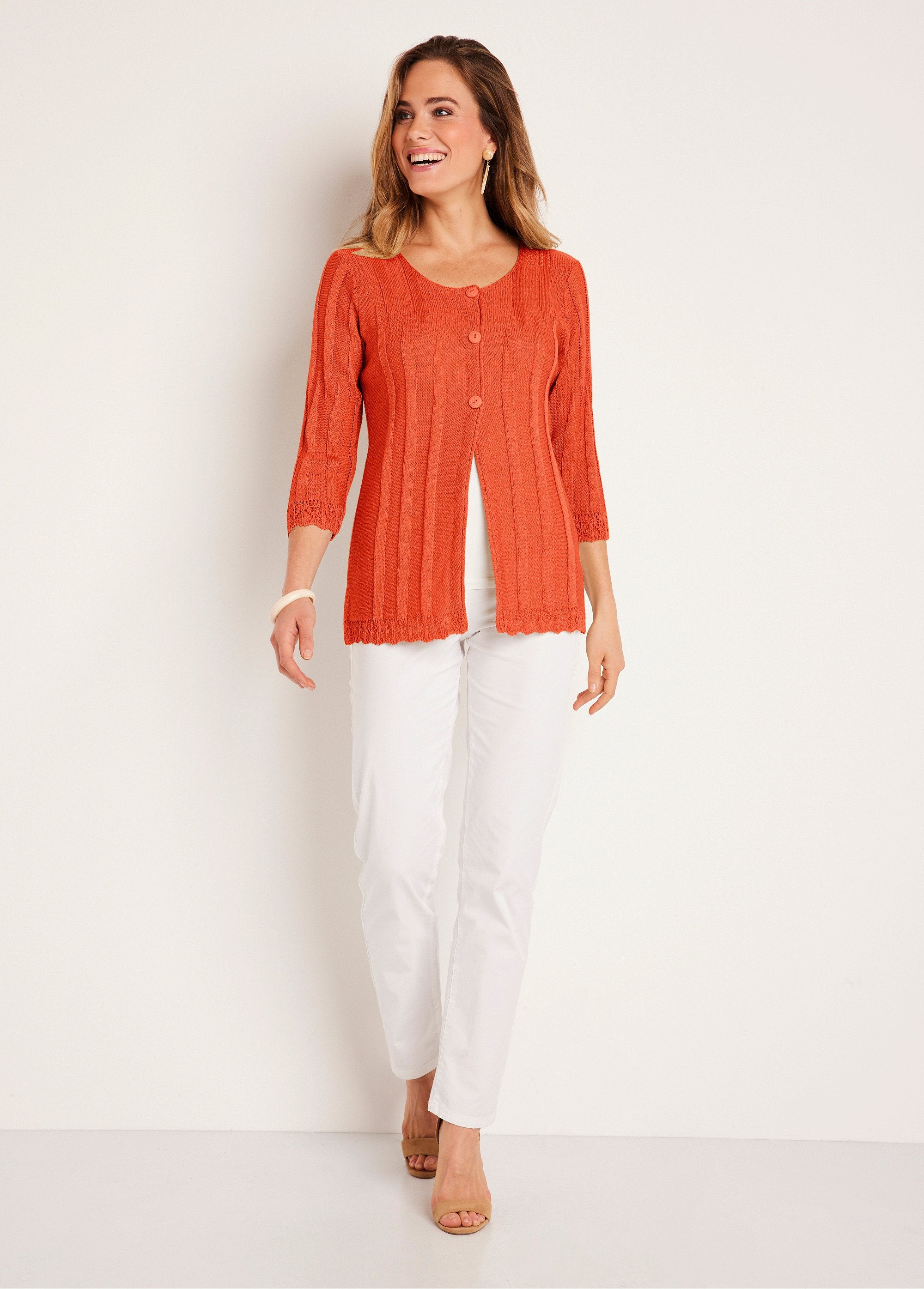 Cardigan_boutonnée_long_ajouré_Corail_SF1_slim