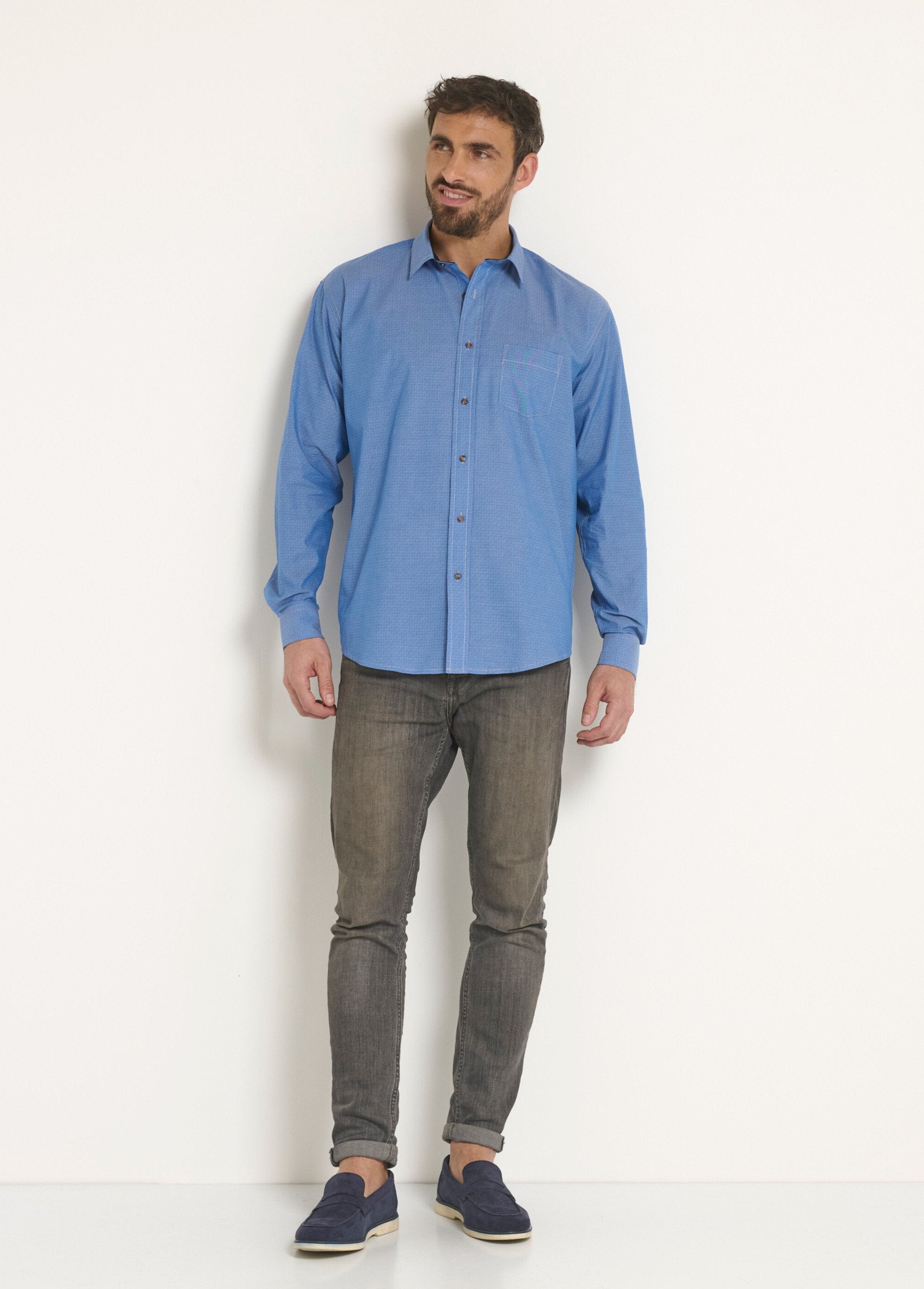 Camicia_in_cotone_stampato_chambray_Bleu_SF1_slim