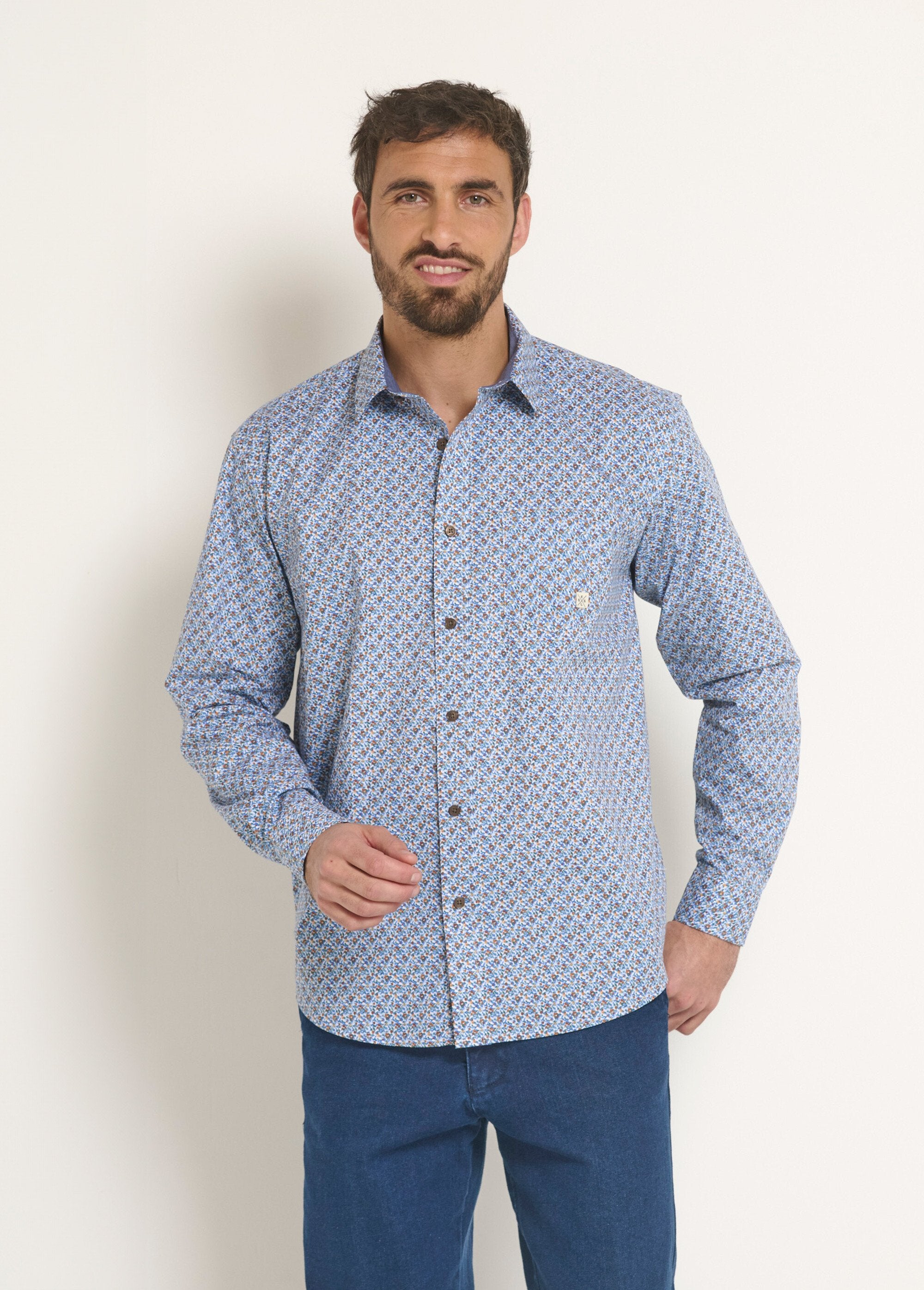 Camicia_a_maniche_lunghe_in_cotone_con_microfantasia_Bleu_FA1_slim