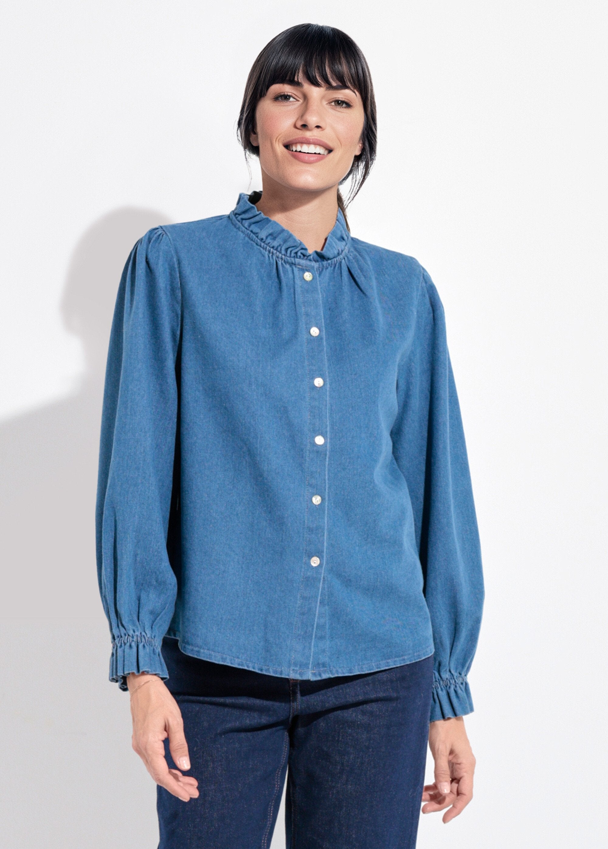 Camicia_in_denim_con_bottoni,_collo_arricciato_Denim_FA1_slim