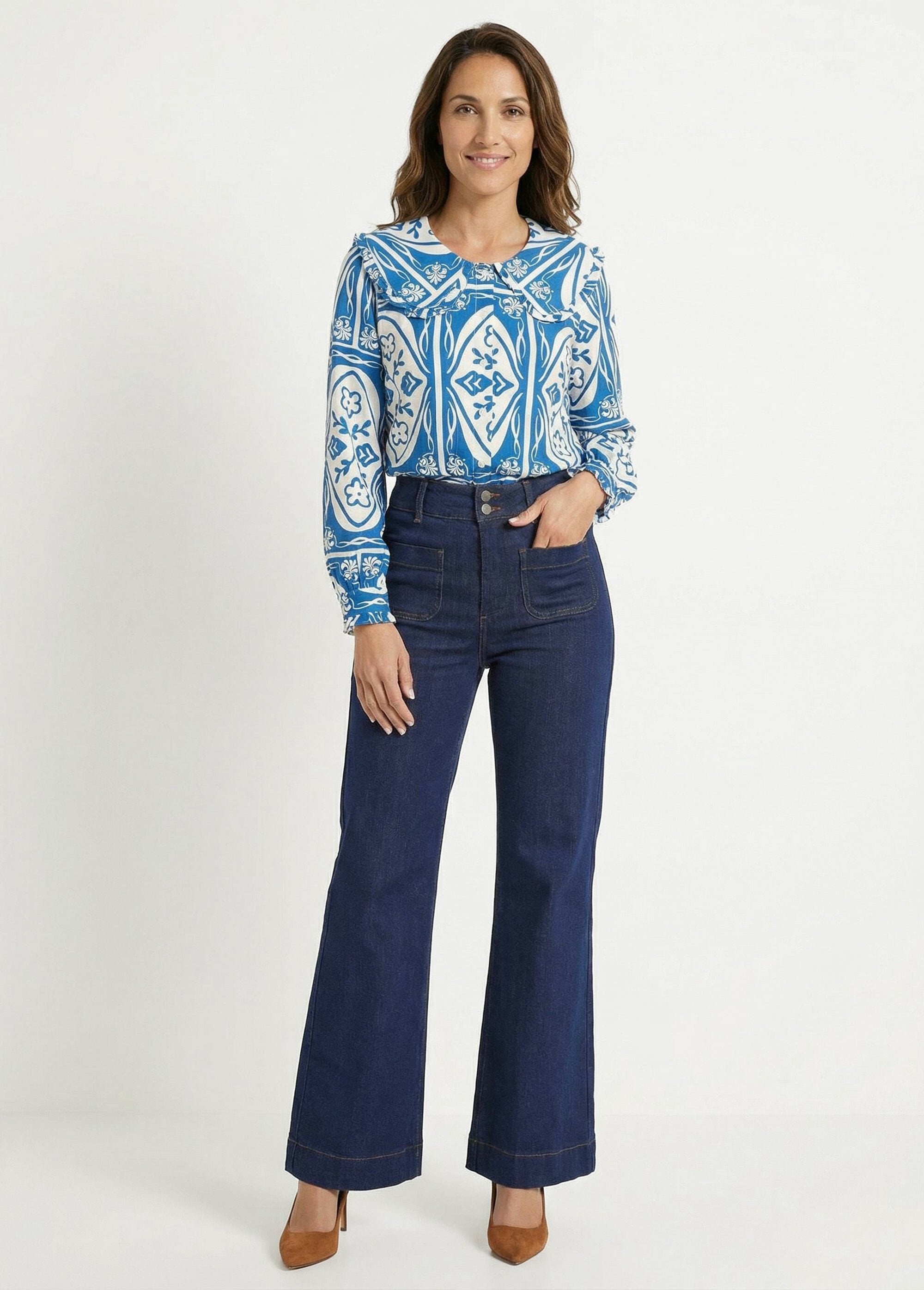 Camicetta_con_colletto_alla_Peter_Pan,_motivo_fantasia_Bleu_imprime_SF1_slim