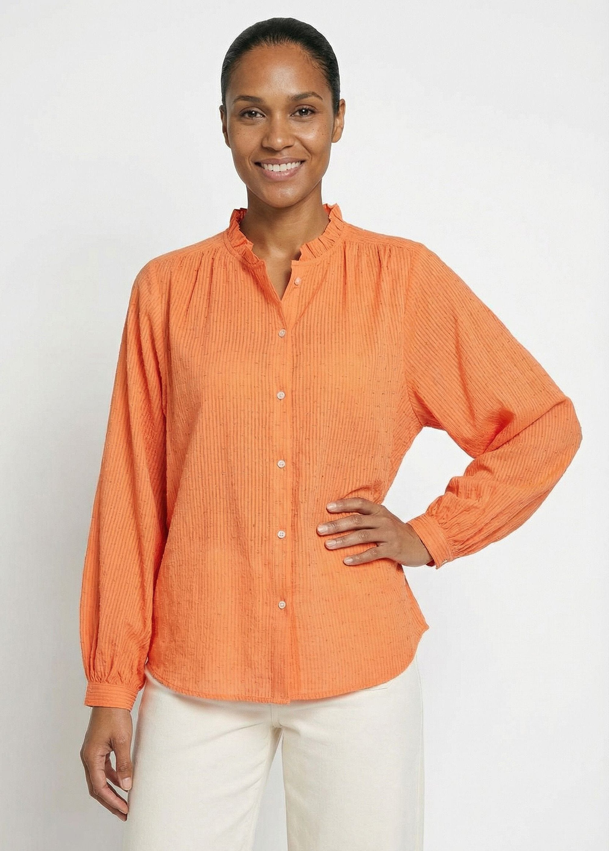 Blusa_con_collo_arricciato_in_raso_di_cotone_rigato_Orange_FA1_slim