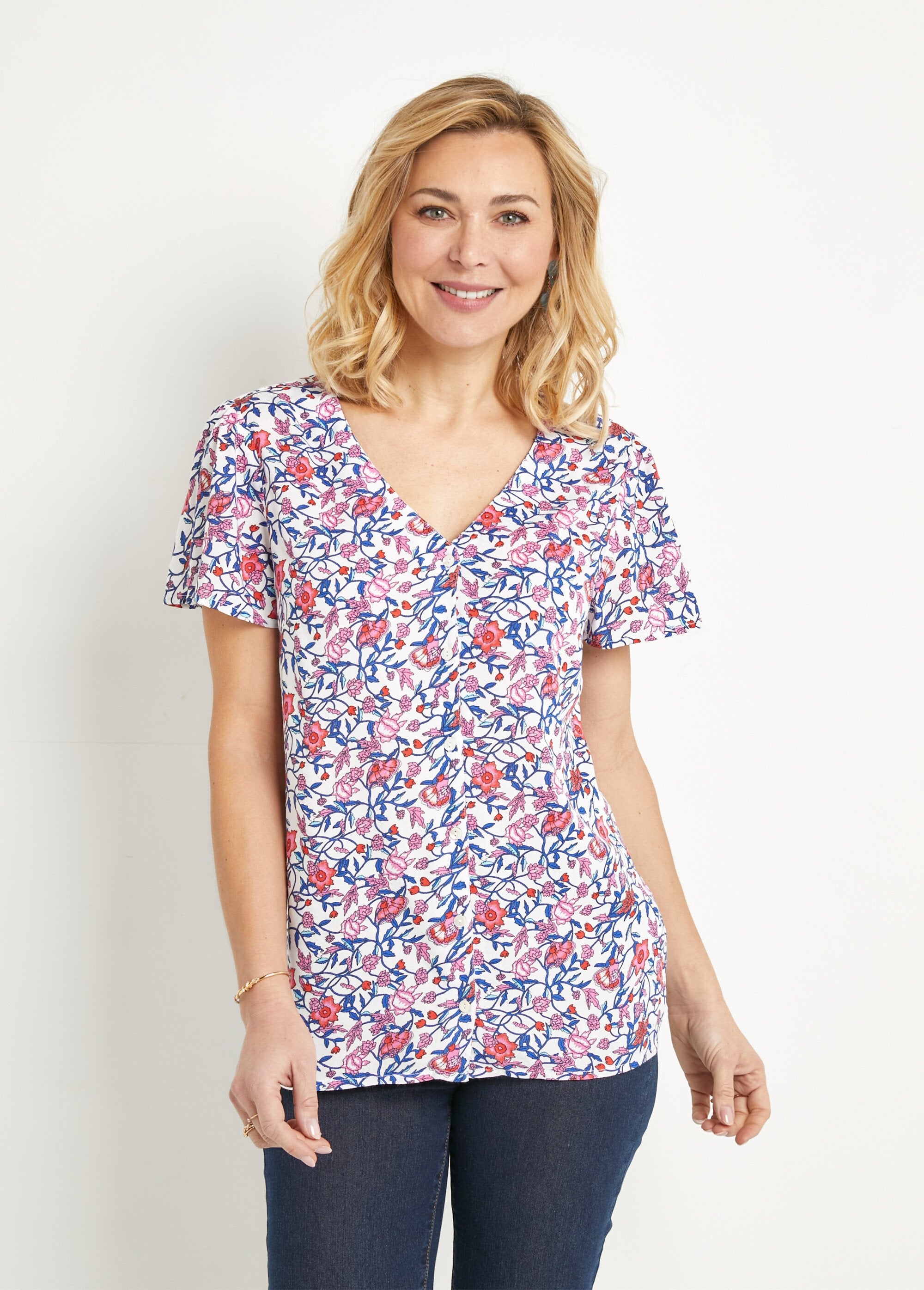 Camicetta_floreale_con_maniche_corte_e_scollo_a_V_Bleu_et_rose_FA1_slim